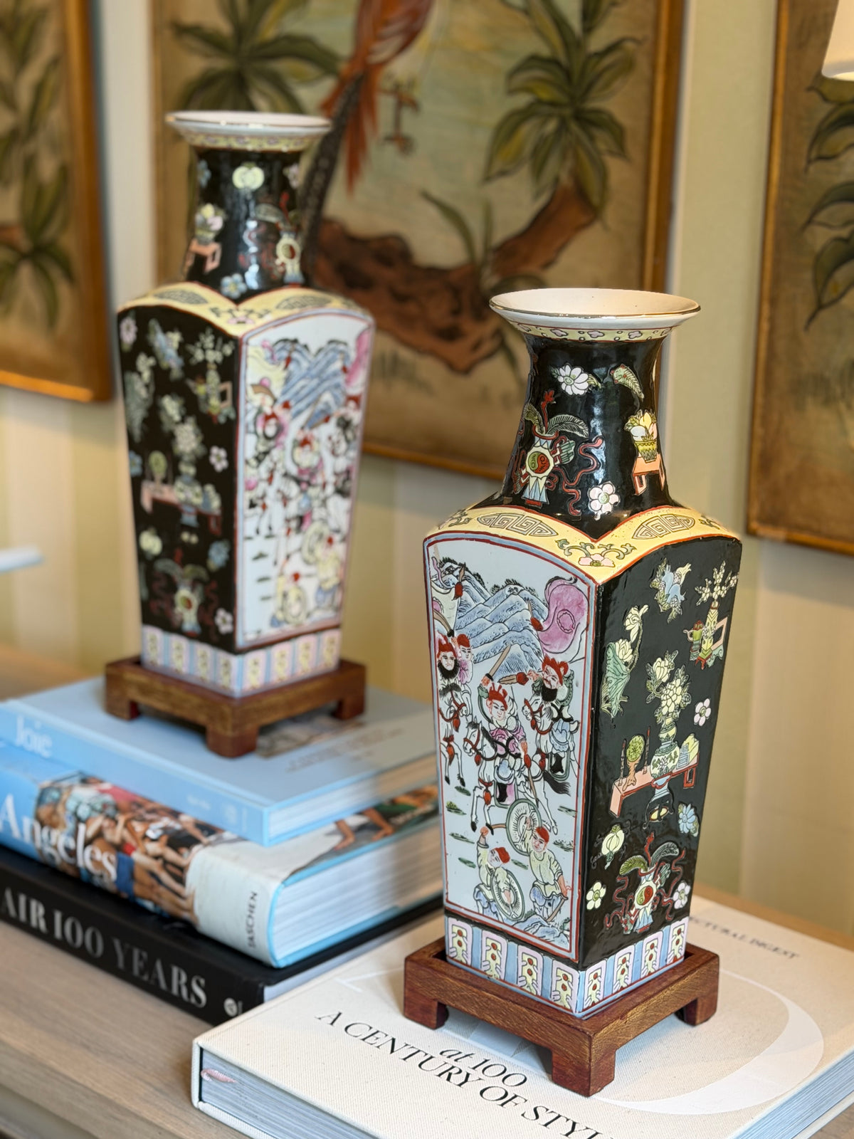 Pair of Chinese Famille Noire Porcelain Vases with Wooden Stands