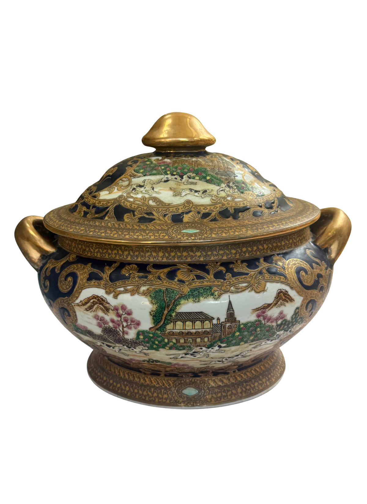 Vintage Cobalt Blue & Gilt Lidded Tureen / Cachepot | Hunt Scene Porcelain Centerpiece | Decorative Vessel