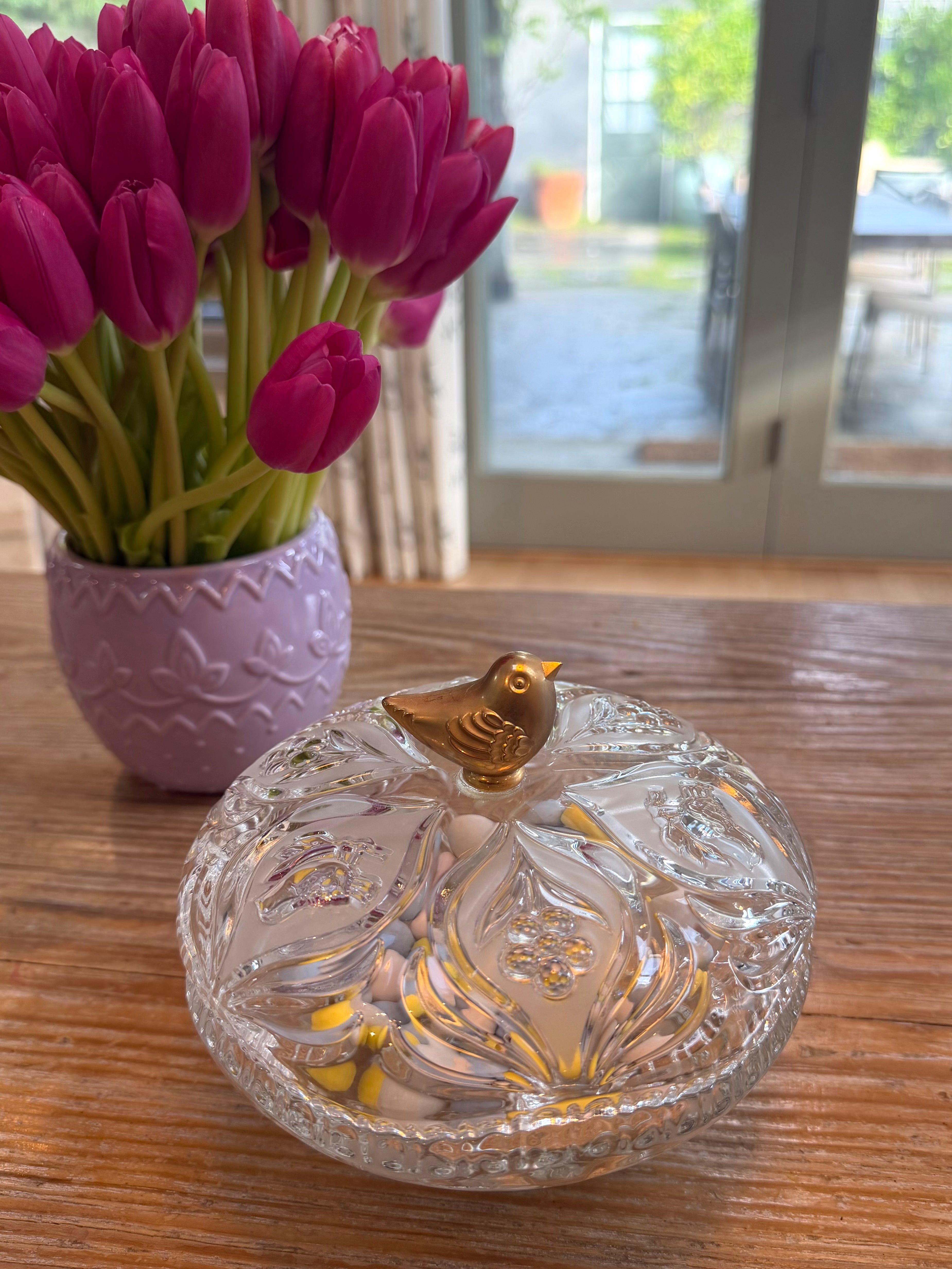 Vintage European Cut Crystal Lidded Candy Dish with Gold Bird Finial