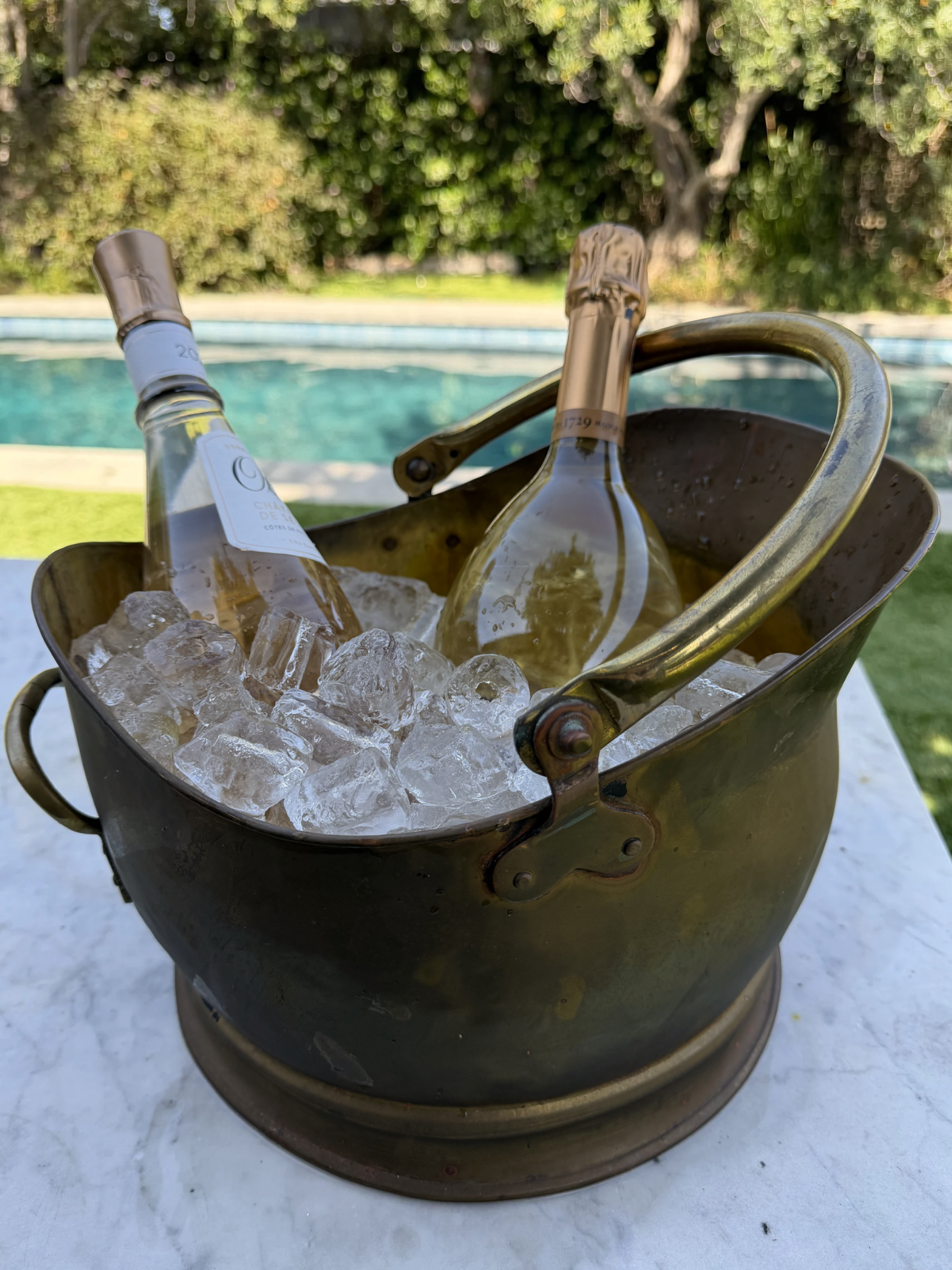 Antique English Brass Coal Scuttle | Helmet Form Wine Cooler | Aged Dark Patina | 19th Century Planter