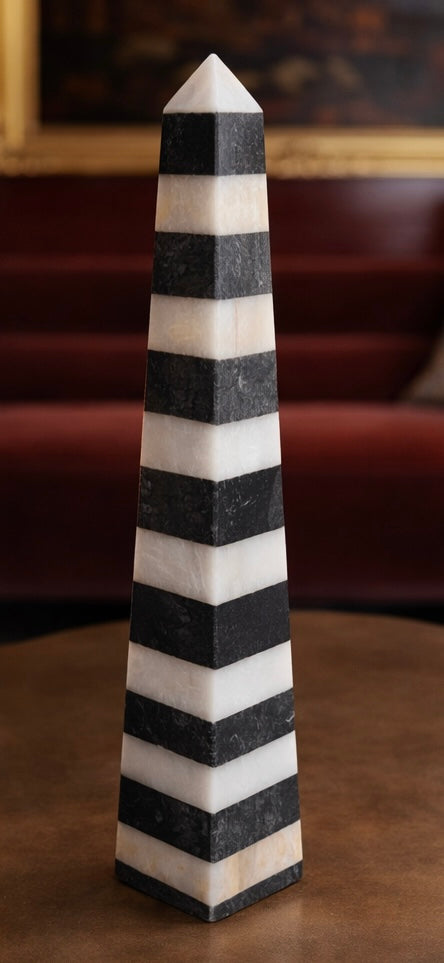Banded Marble Obelisk Sculpture — Black & White Stone, 14” | Architectural Object