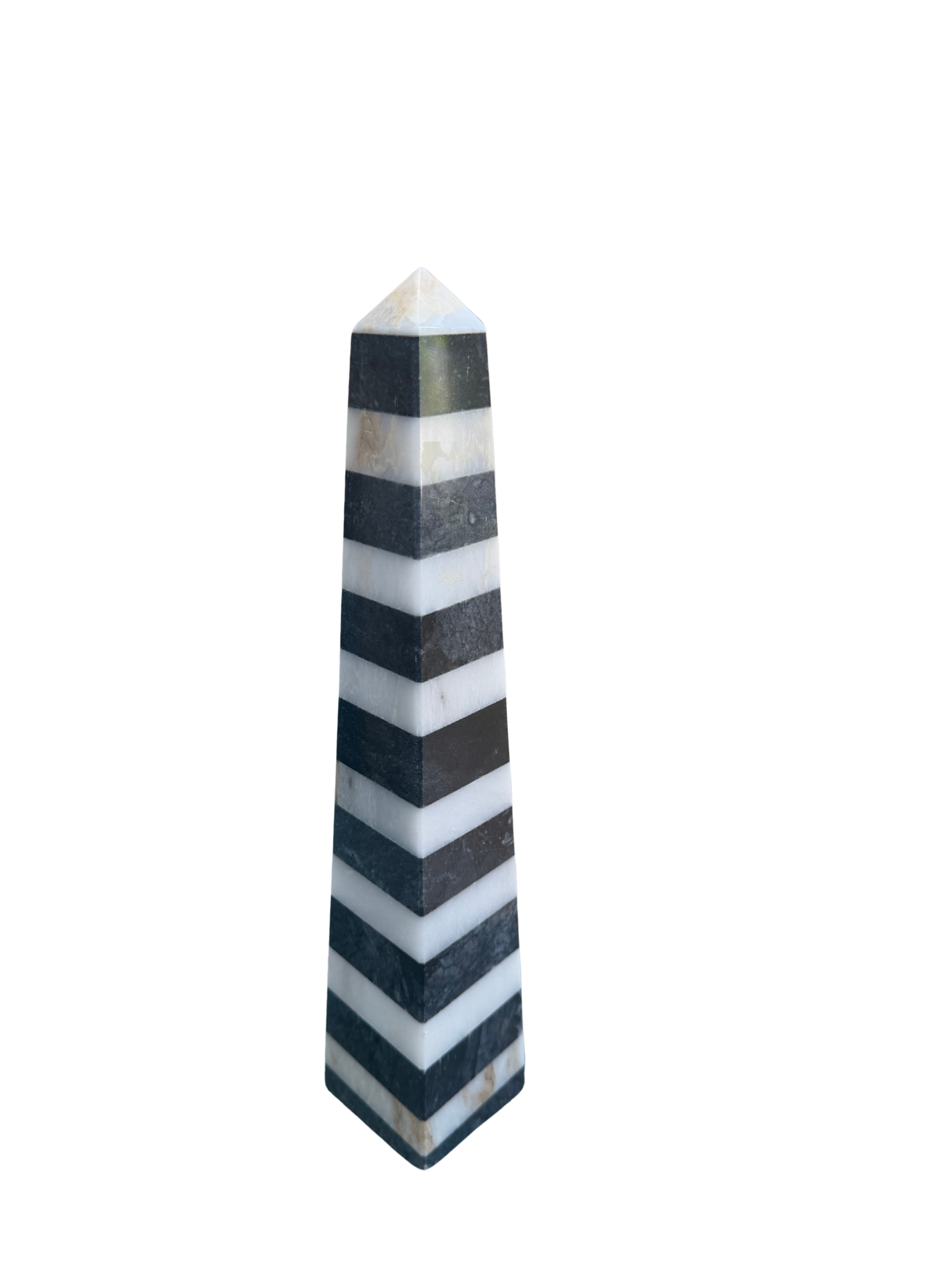 Banded Marble Obelisk Sculpture — Black & White Stone, 14” | Architectural Object