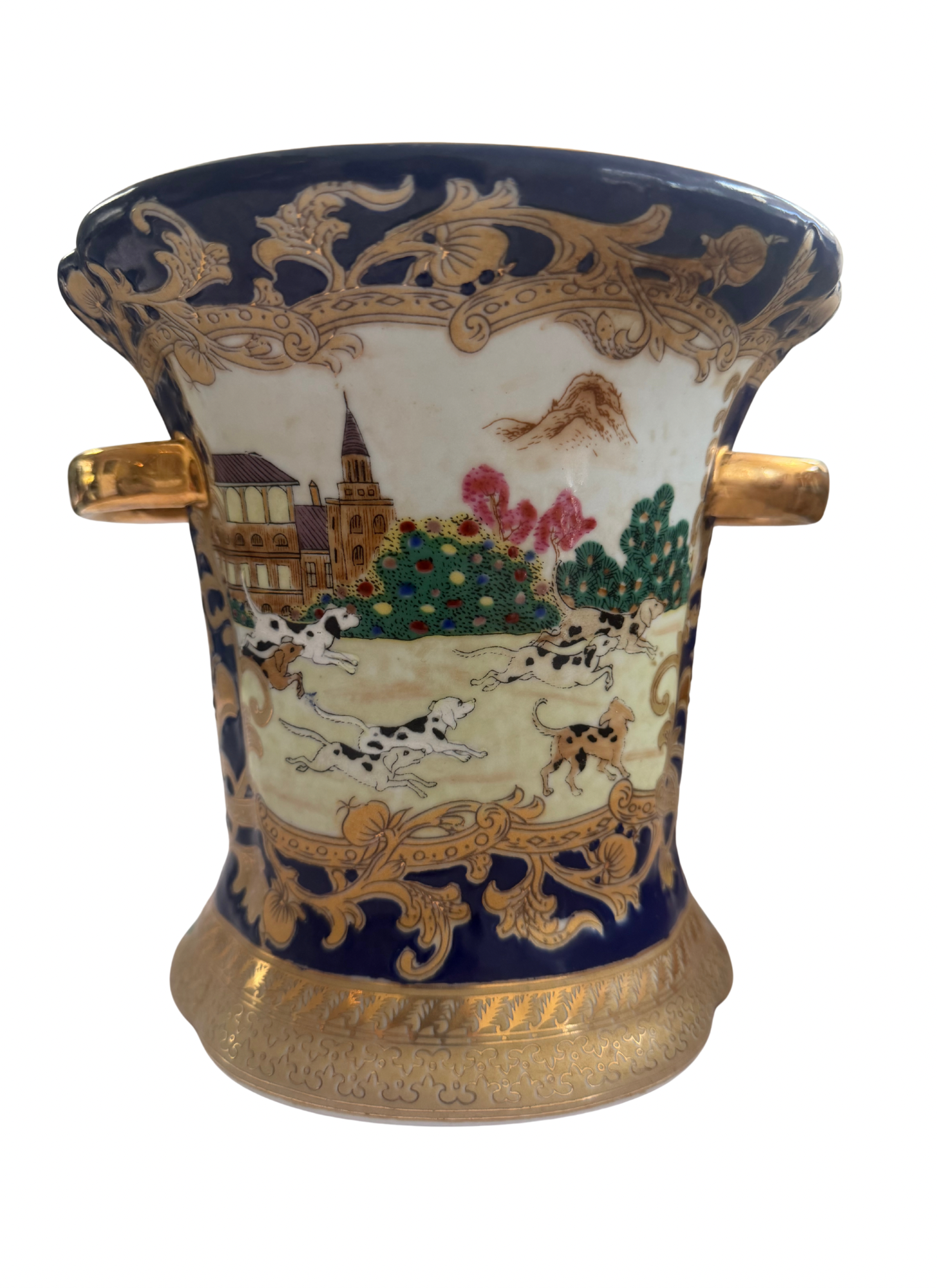 Antique English Hunt Scene Jardinière Cachepot | Cobalt Blue Transferware Planter | Staffordshire Style | Equestrian