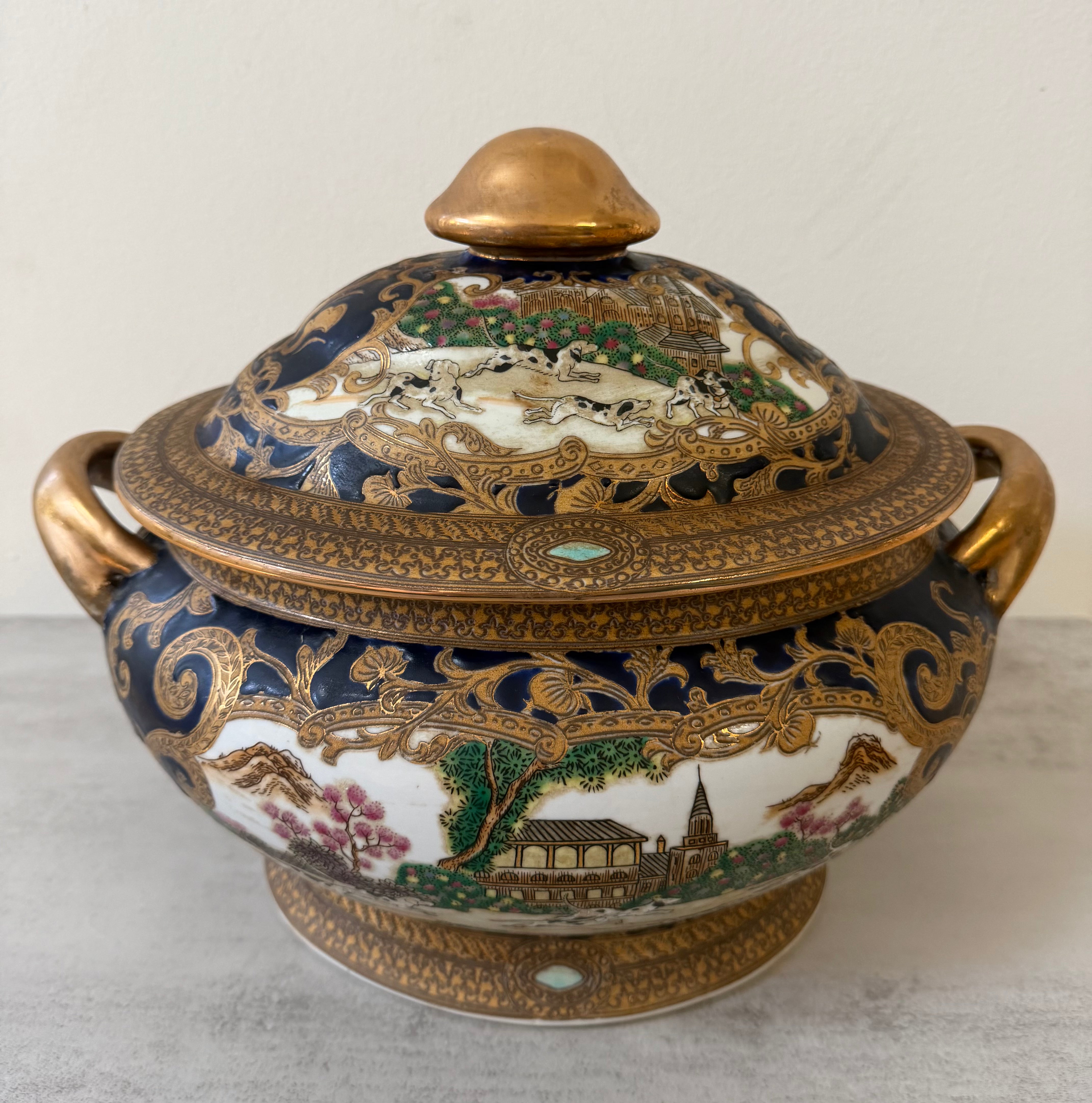Vintage Cobalt Blue & Gilt Lidded Tureen / Cachepot | Hunt Scene Porcelain Centerpiece | Decorative Vessel