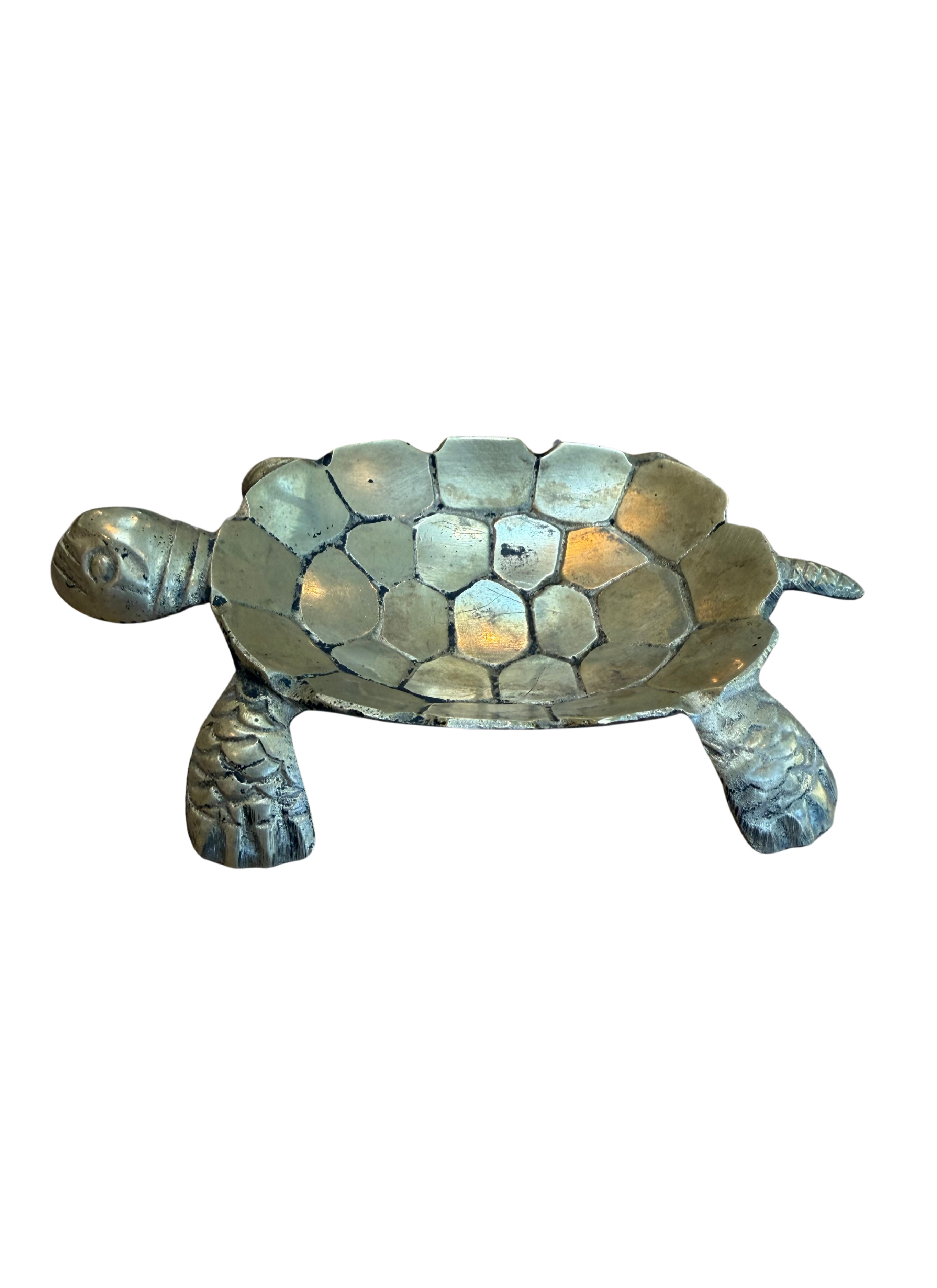 Vintage Solid Brass Turtle Catchall Dish — Sculptural Trinket Tray / Coastal Library Decor