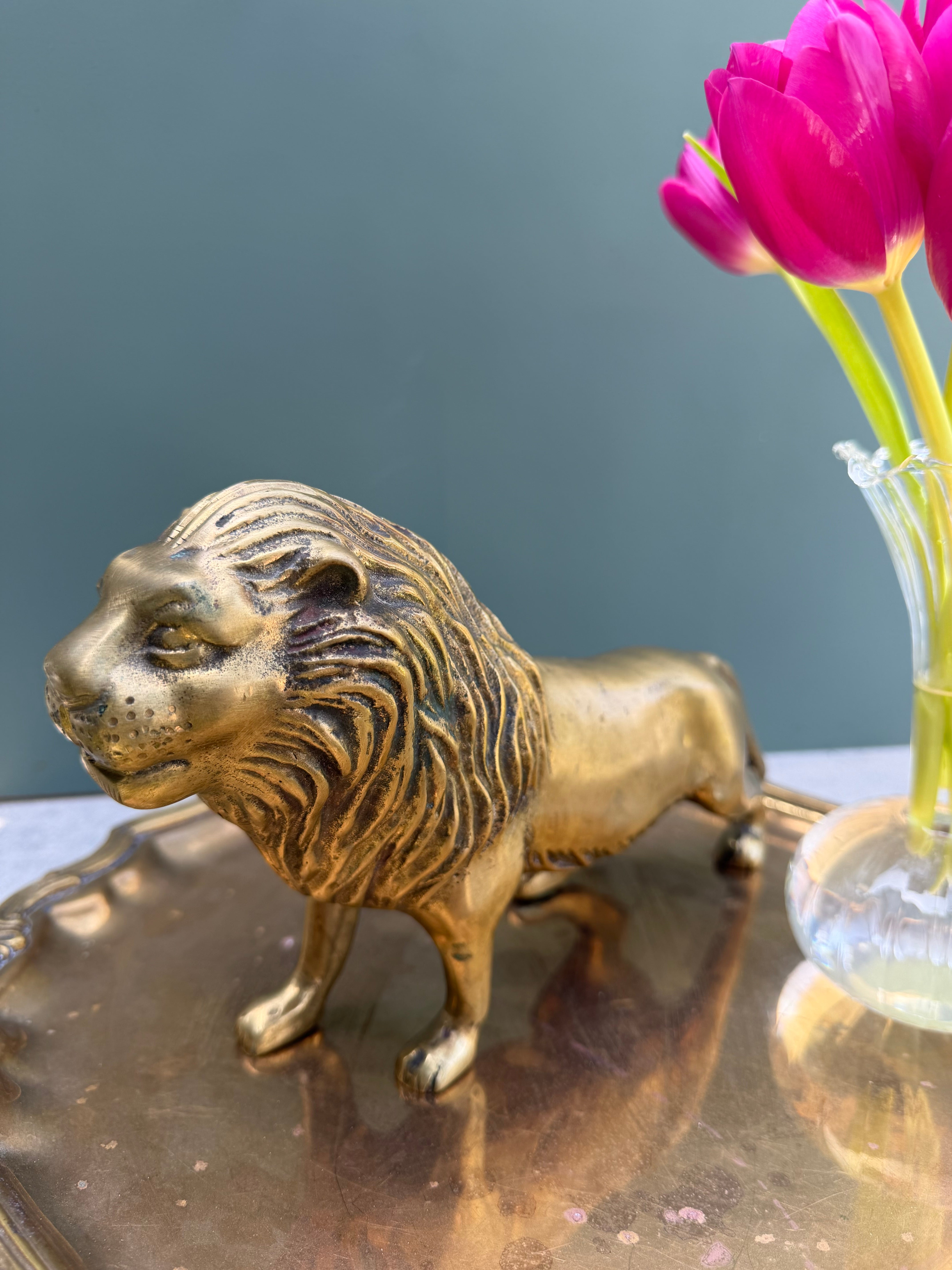 Vintage Solid Brass Lion Sculpture – 11" Regal Library Object
