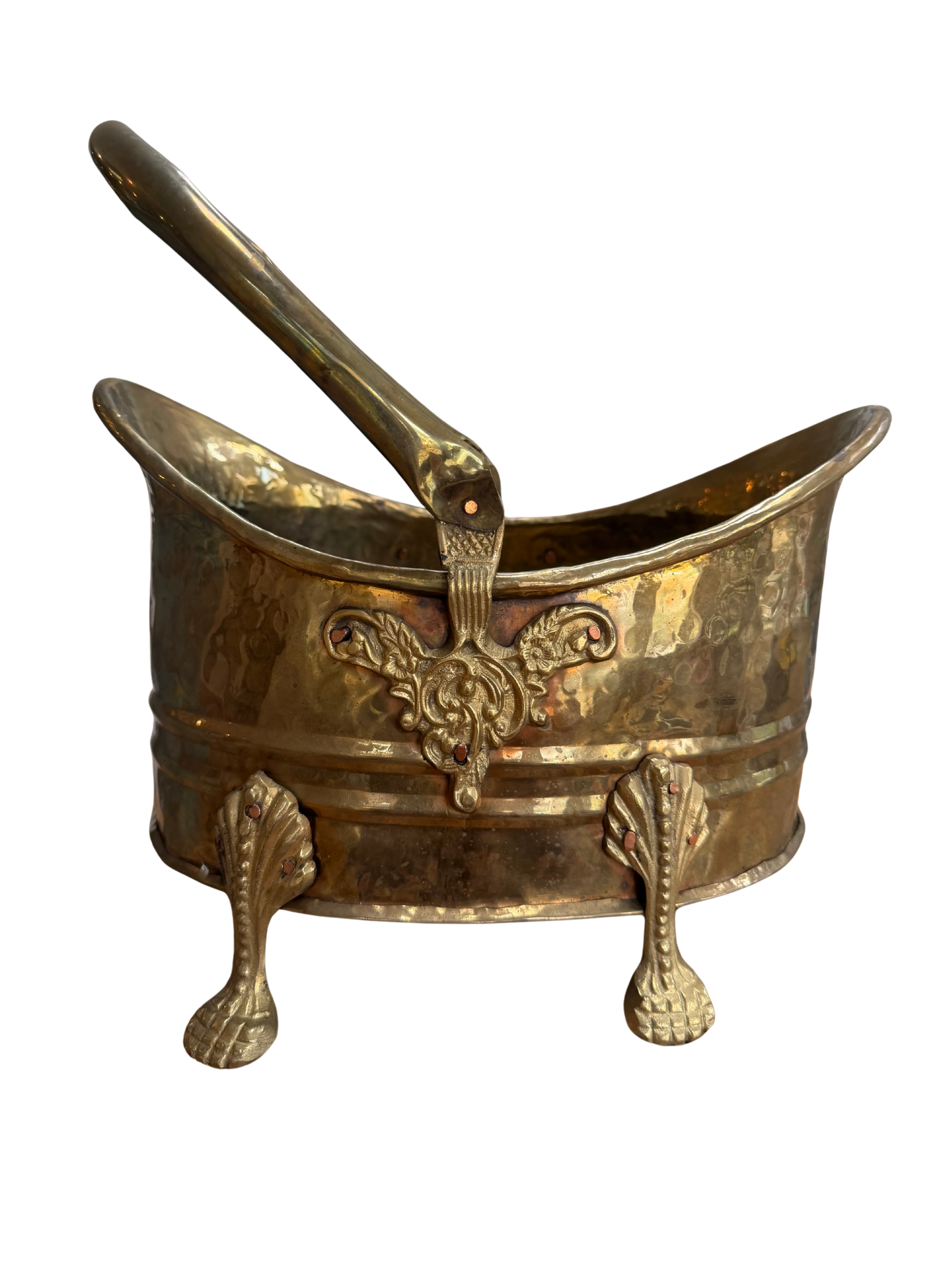 Antique Hammered Brass Coal Bucket Jardinière | Rococo Claw Feet | Planter | Champagne Chiller