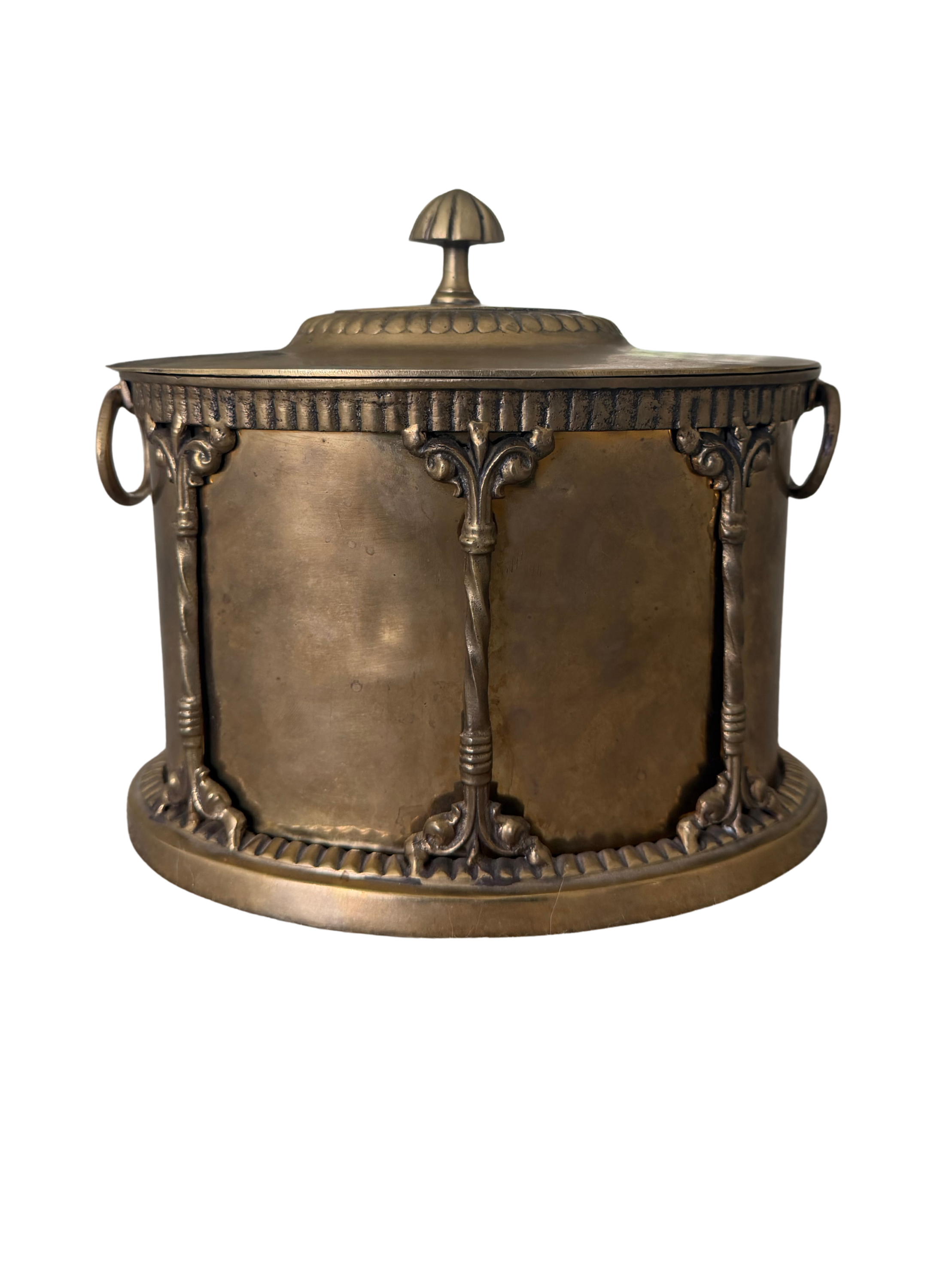 Vintage Solid Brass Biscuit Barrel | Hinged Lid Gadrooned Canister Classical Column Detail