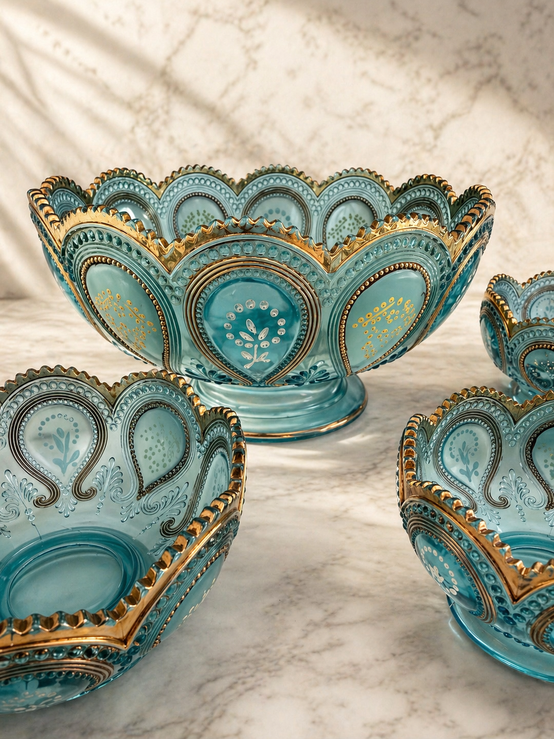 Edwardian Opalescent Footed Coupe with Three Petite Bowls, Hand-Gilded, c. 1905