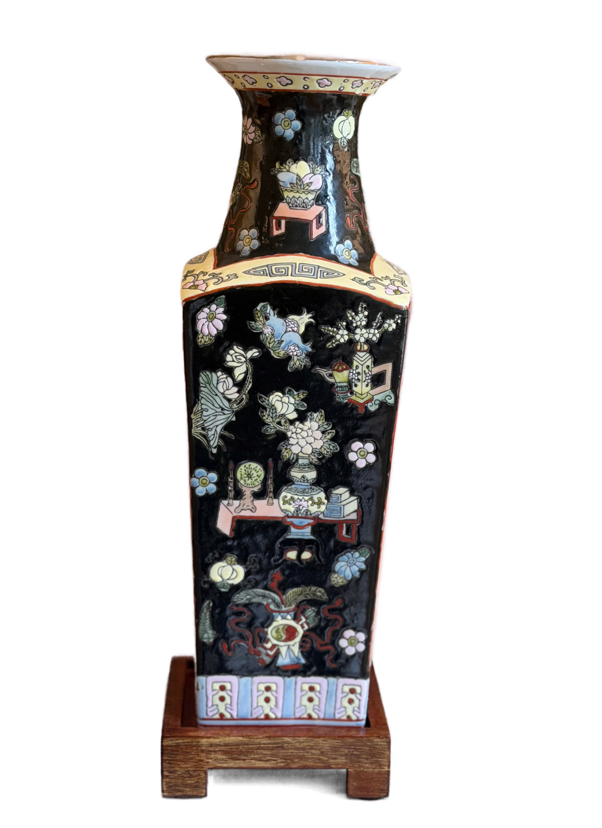 Pair of Chinese Famille Noire Porcelain Vases with Wooden Stands
