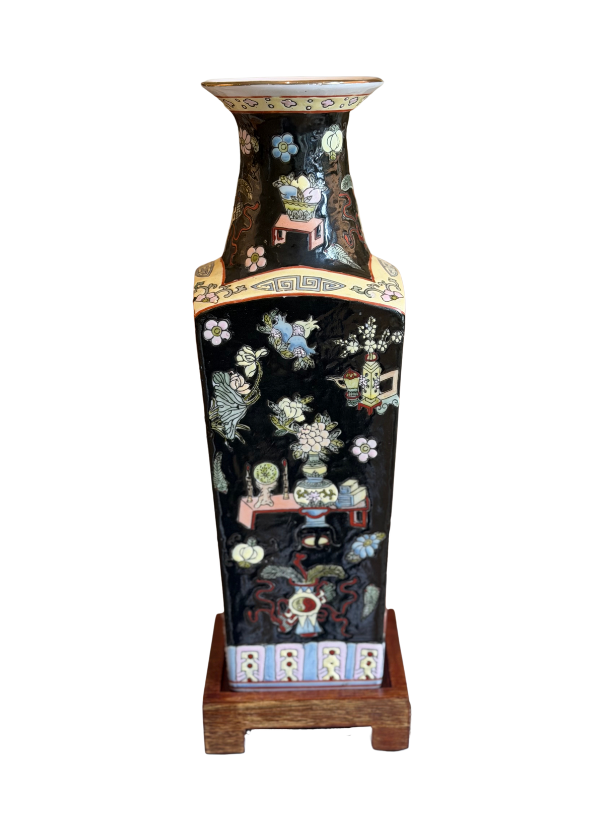 Pair of Chinese Famille Noire Porcelain Vases with Wooden Stands