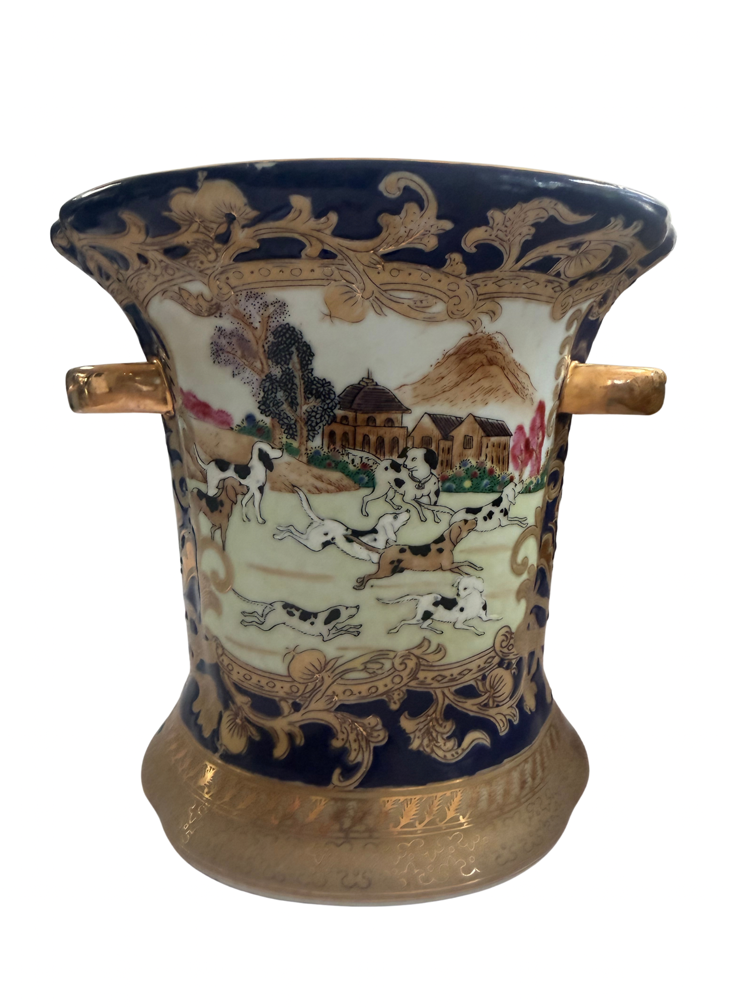 Antique English Hunt Scene Jardinière Cachepot | Cobalt Blue Transferware Planter | Staffordshire Style | Equestrian