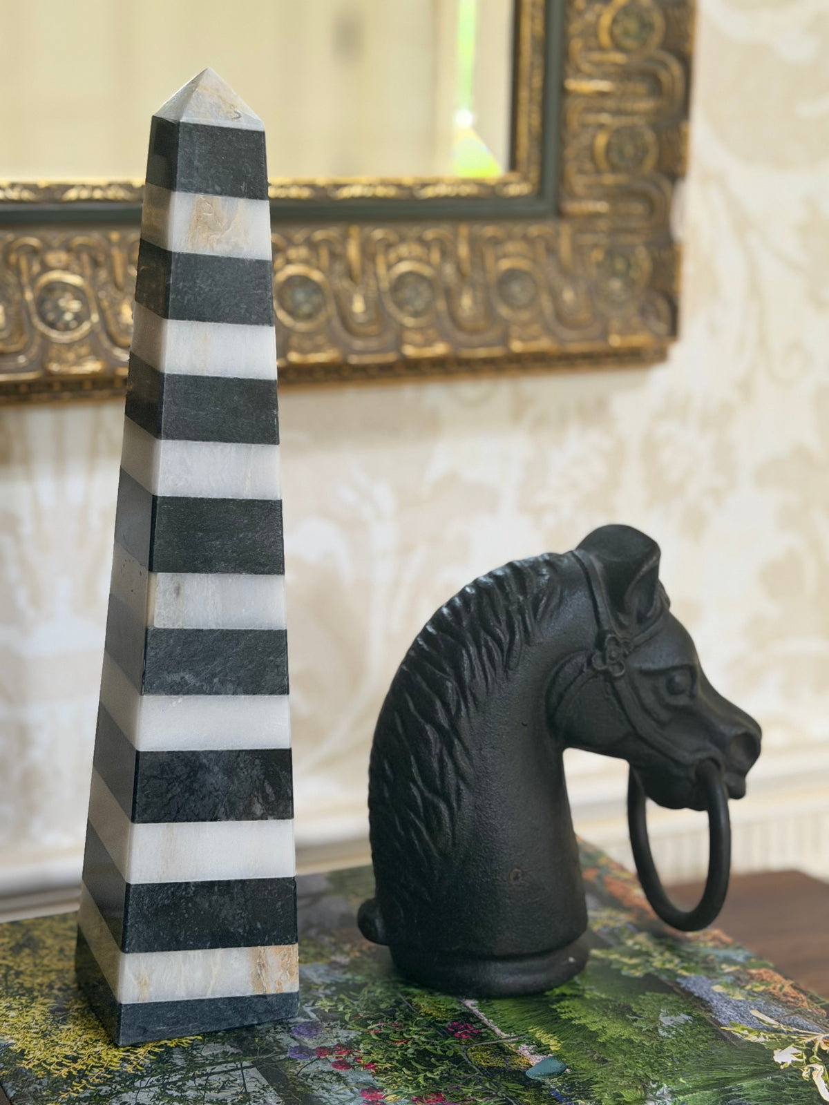 Banded Marble Obelisk Sculpture — Black & White Stone, 14” | Architectural Object