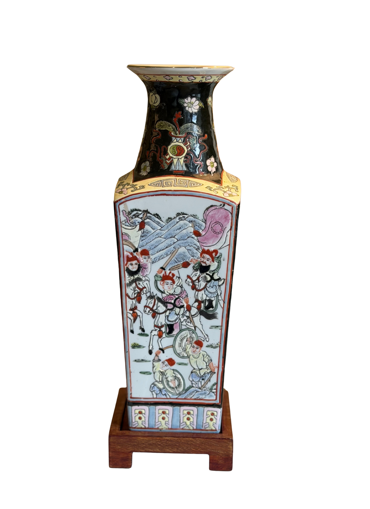 Pair of Chinese Famille Noire Porcelain Vases with Wooden Stands
