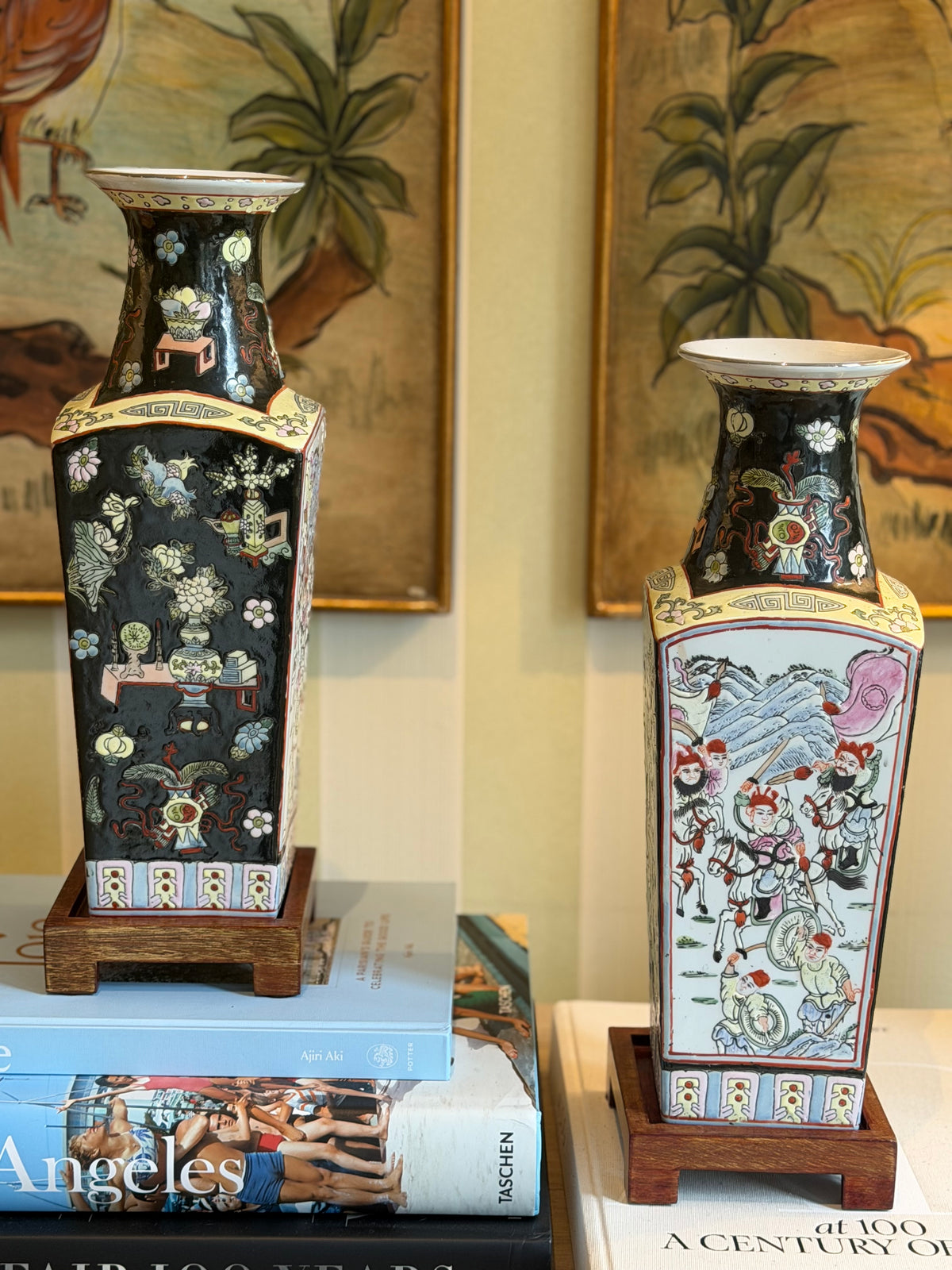 Pair of Chinese Famille Noire Porcelain Vases with Wooden Stands