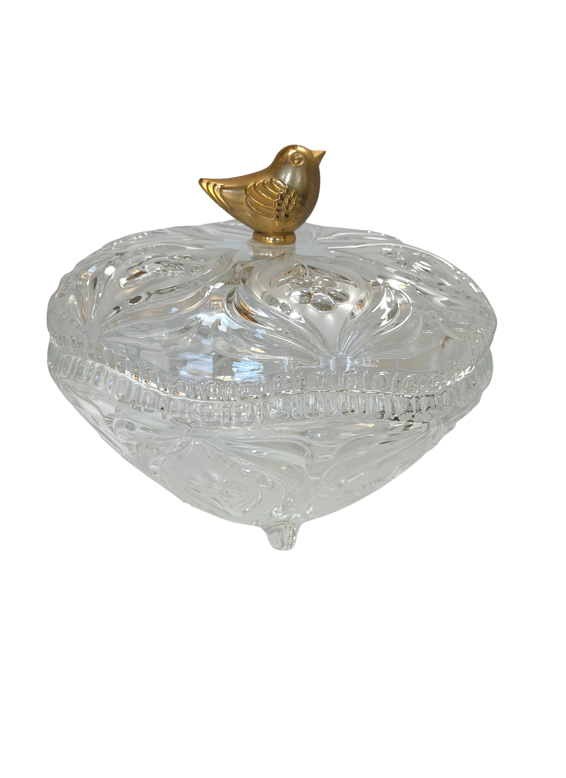 Vintage European Cut Crystal Lidded Candy Dish with Gold Bird Finial