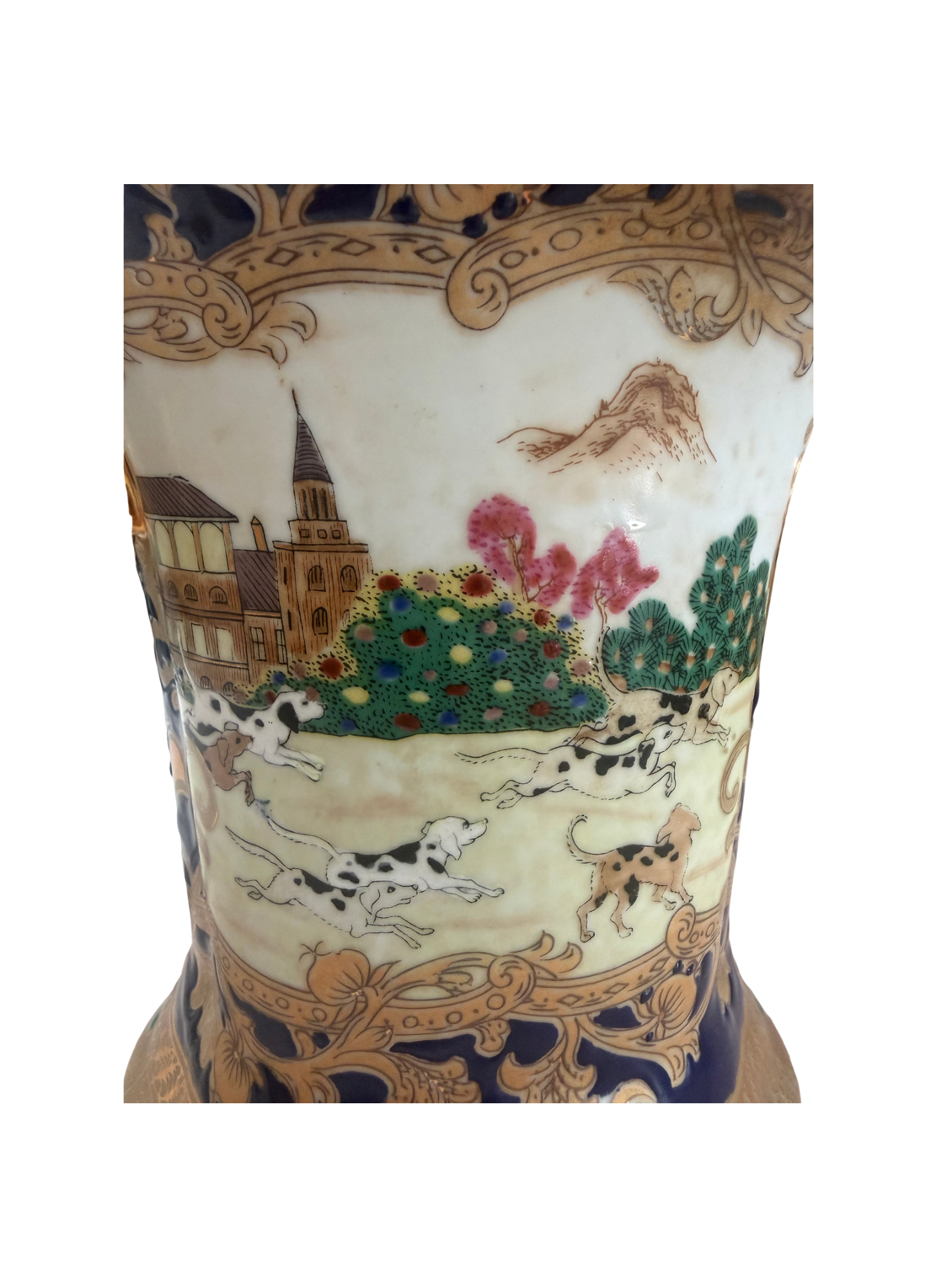 Antique English Hunt Scene Jardinière Cachepot | Cobalt Blue Transferware Planter | Staffordshire Style | Equestrian