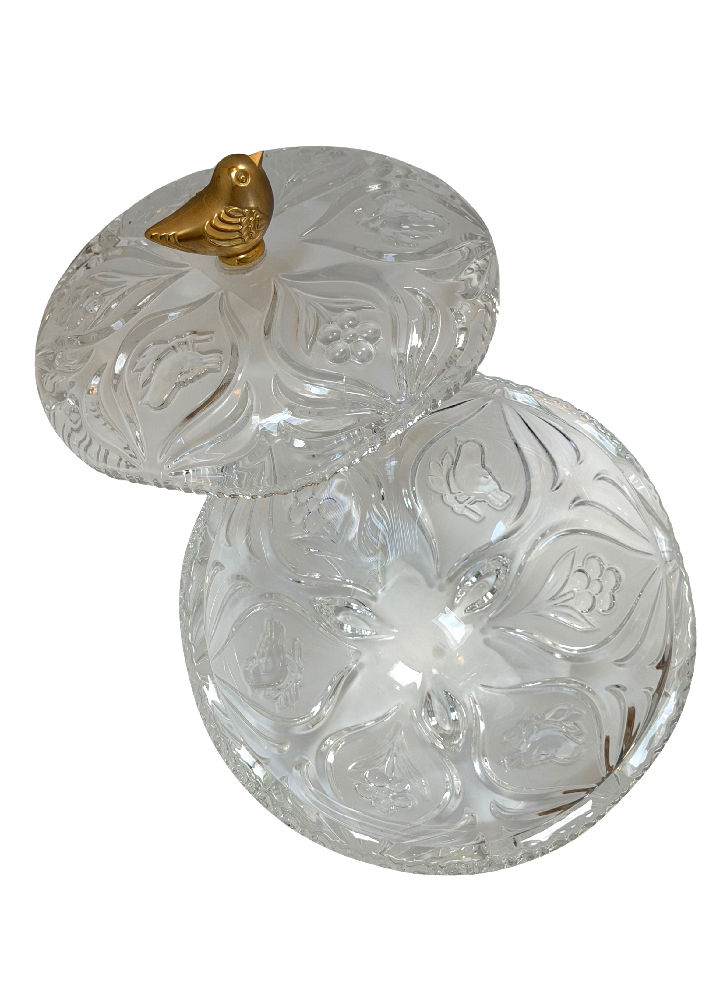 Vintage European Cut Crystal Lidded Candy Dish with Gold Bird Finial