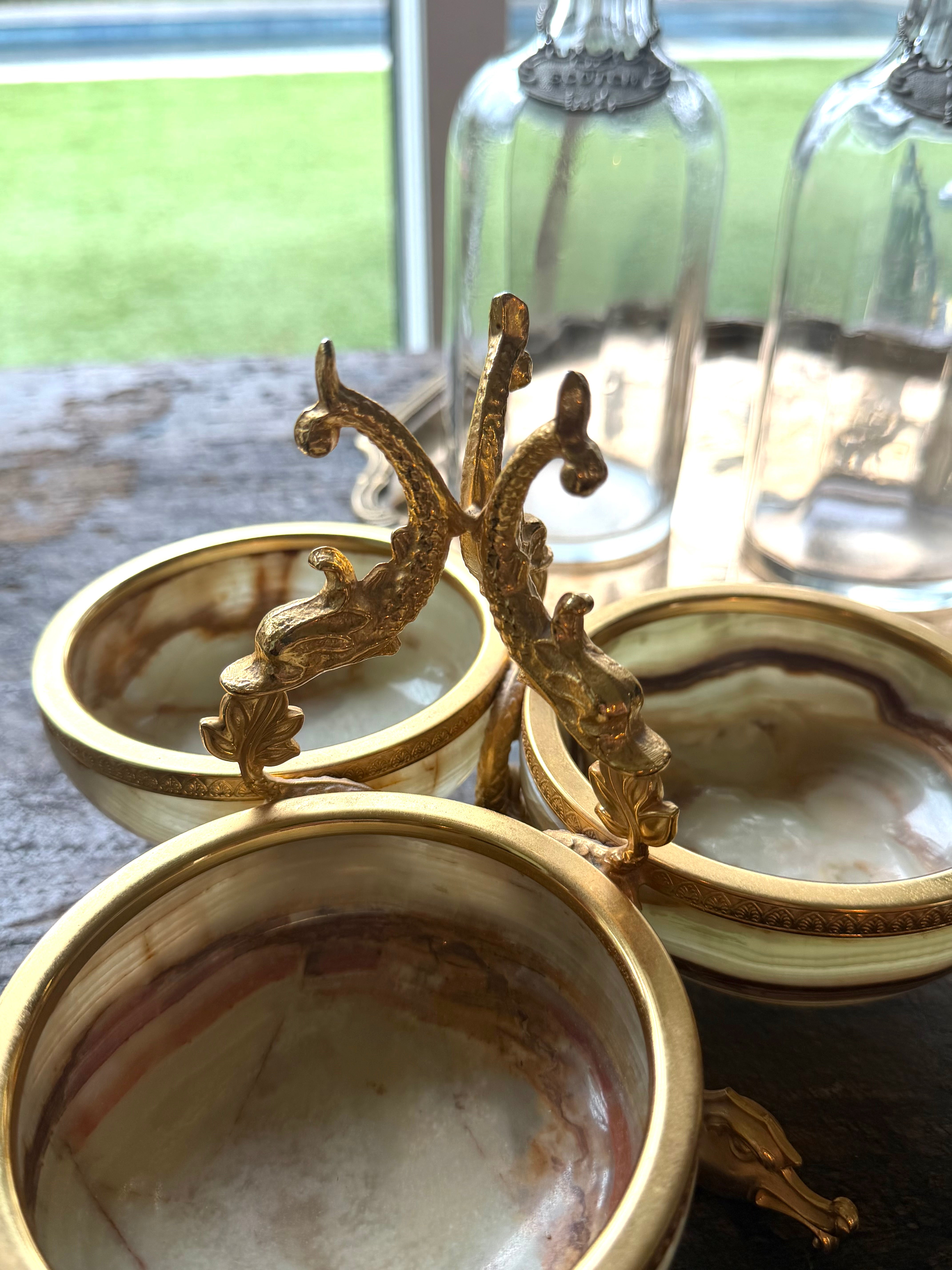 French-Style Ormolu & Onyx Triple Salt Cellar with Dragon Handle