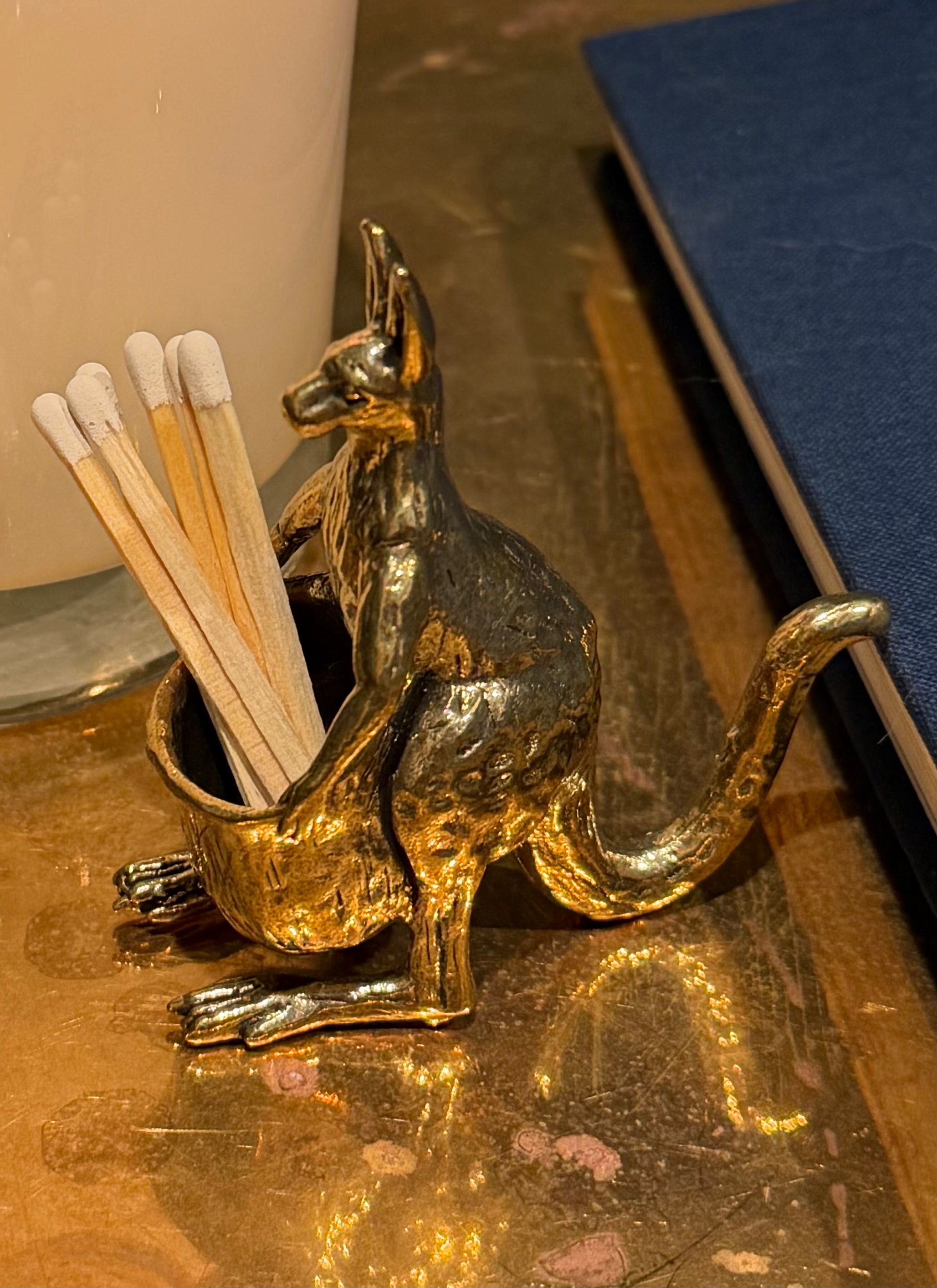 Antique Brass Kangaroo Match Holder | Victorian Figural Brass Novelty | Decorative Match Cup | Vintage Brass Animal Figurine