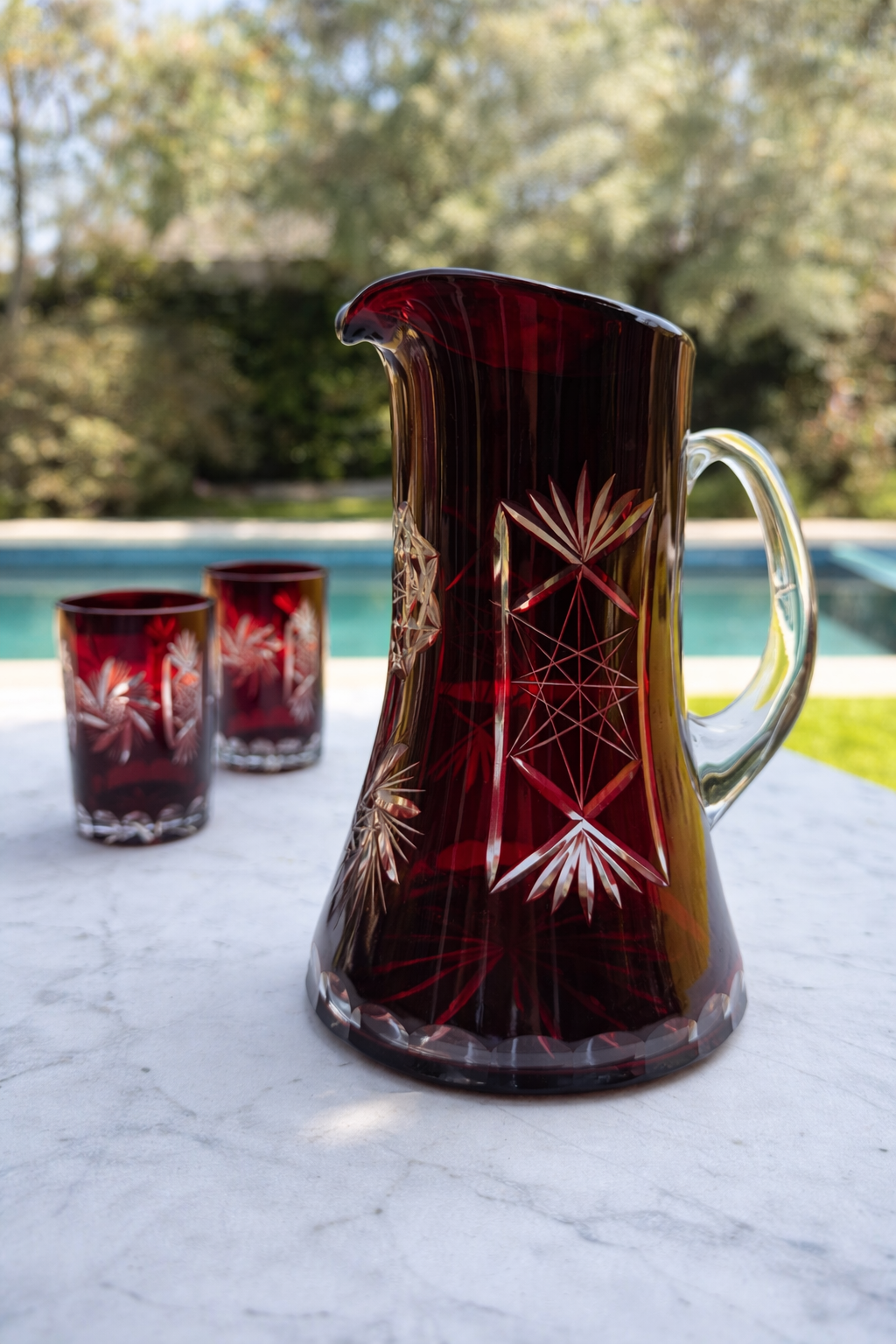 Bohemian Ruby Cut-to-Clear Crystal Pitcher & Tumbler Set — 7 Pieces, Circa 1890s–1920s