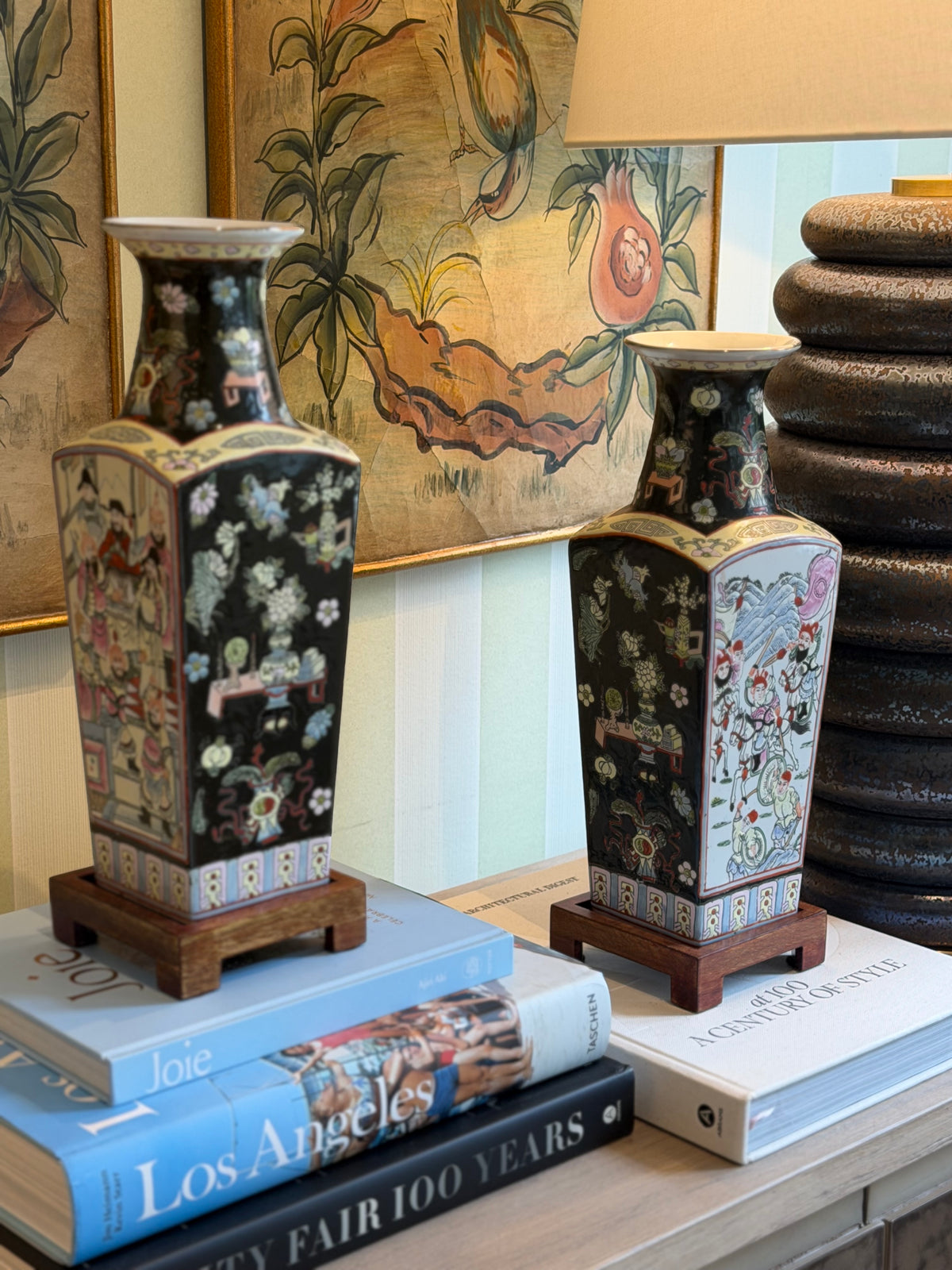 Pair of Chinese Famille Noire Porcelain Vases with Wooden Stands