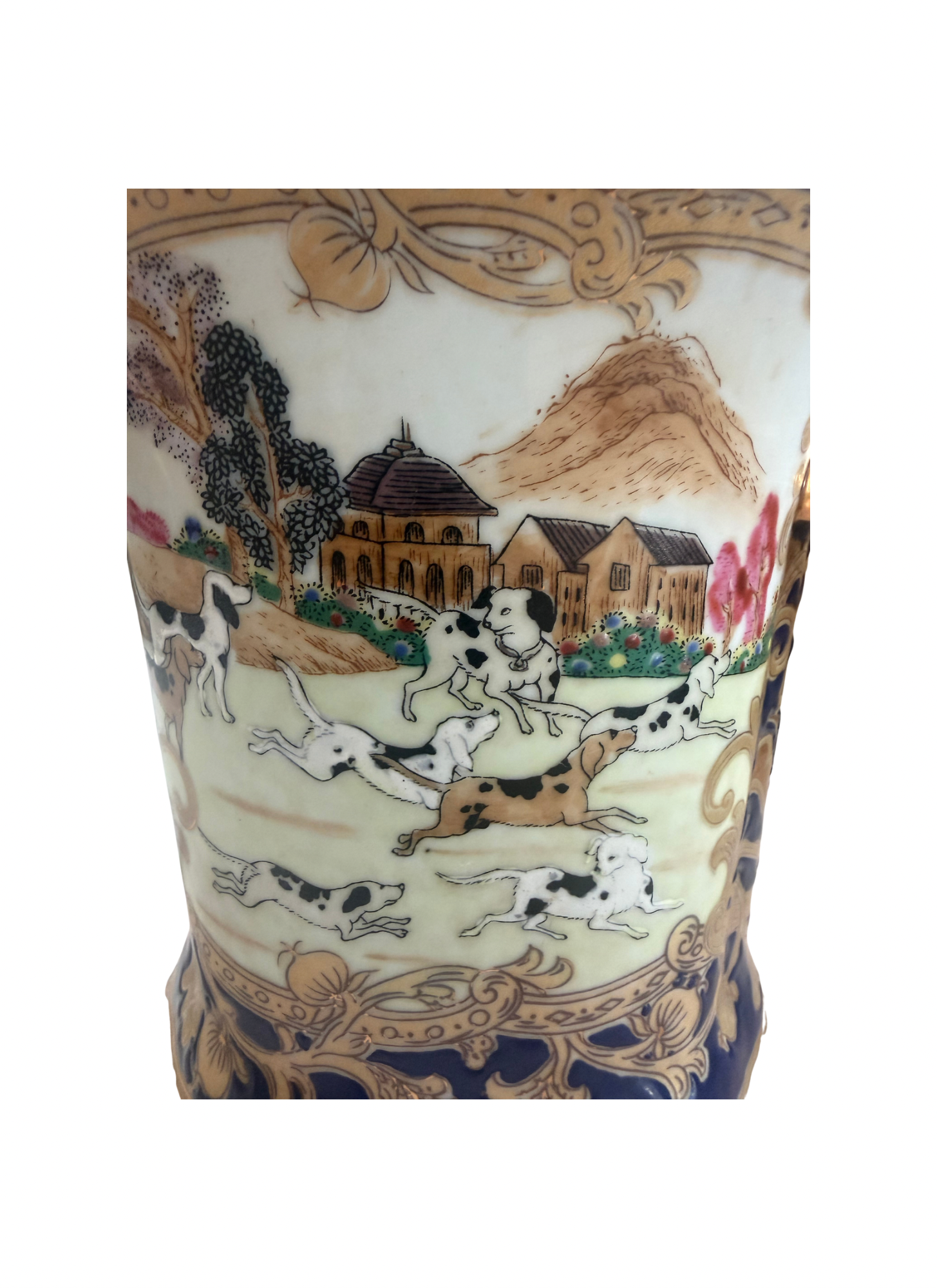 Antique English Hunt Scene Jardinière Cachepot | Cobalt Blue Transferware Planter | Staffordshire Style | Equestrian