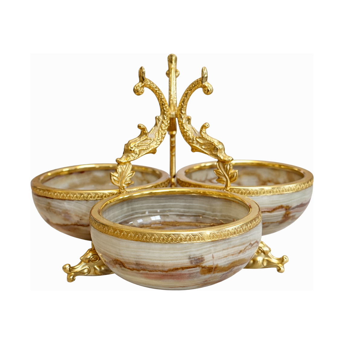 French-Style Ormolu & Onyx Triple Salt Cellar with Dragon Handle