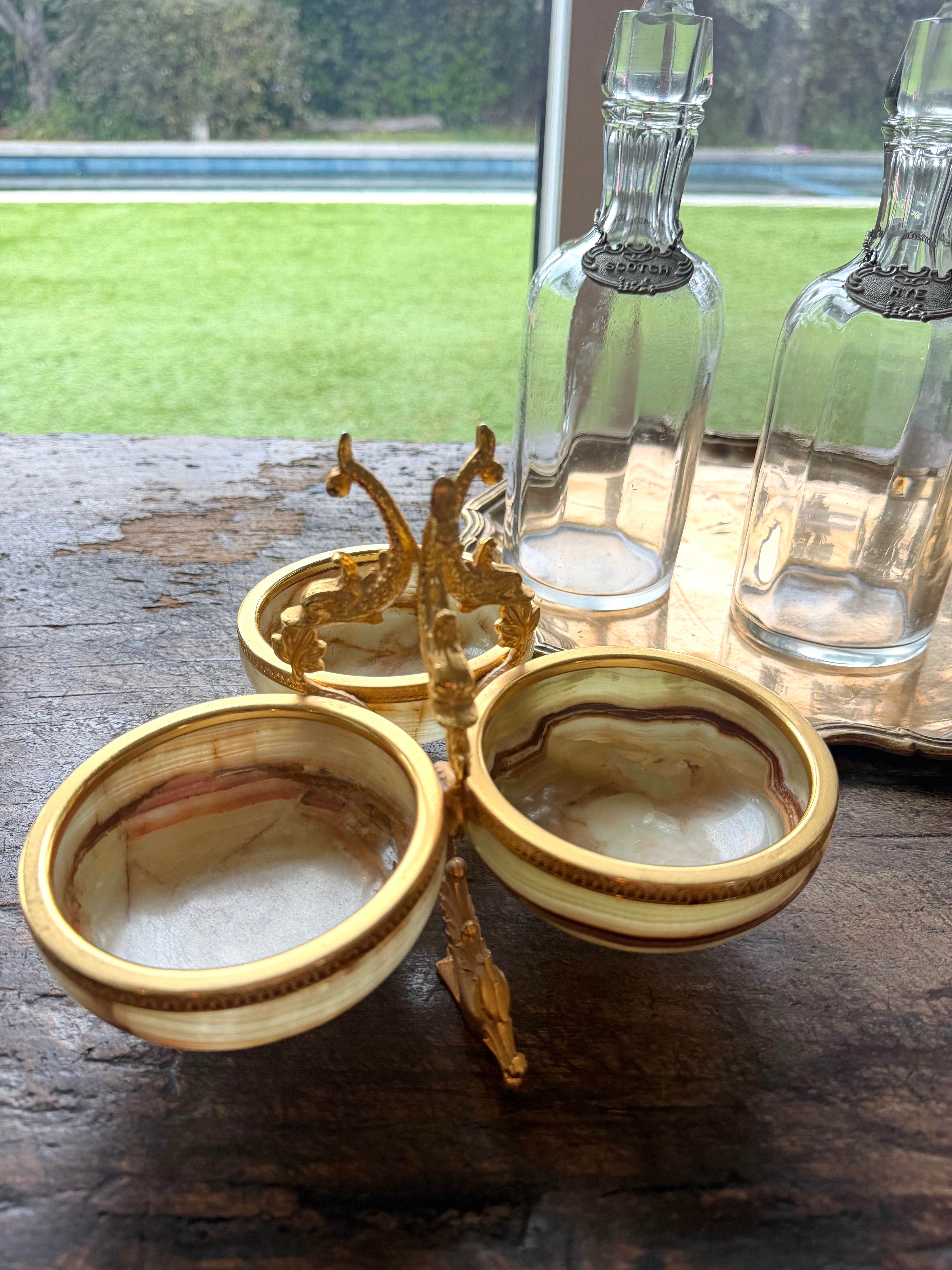 French-Style Ormolu & Onyx Triple Salt Cellar with Dragon Handle