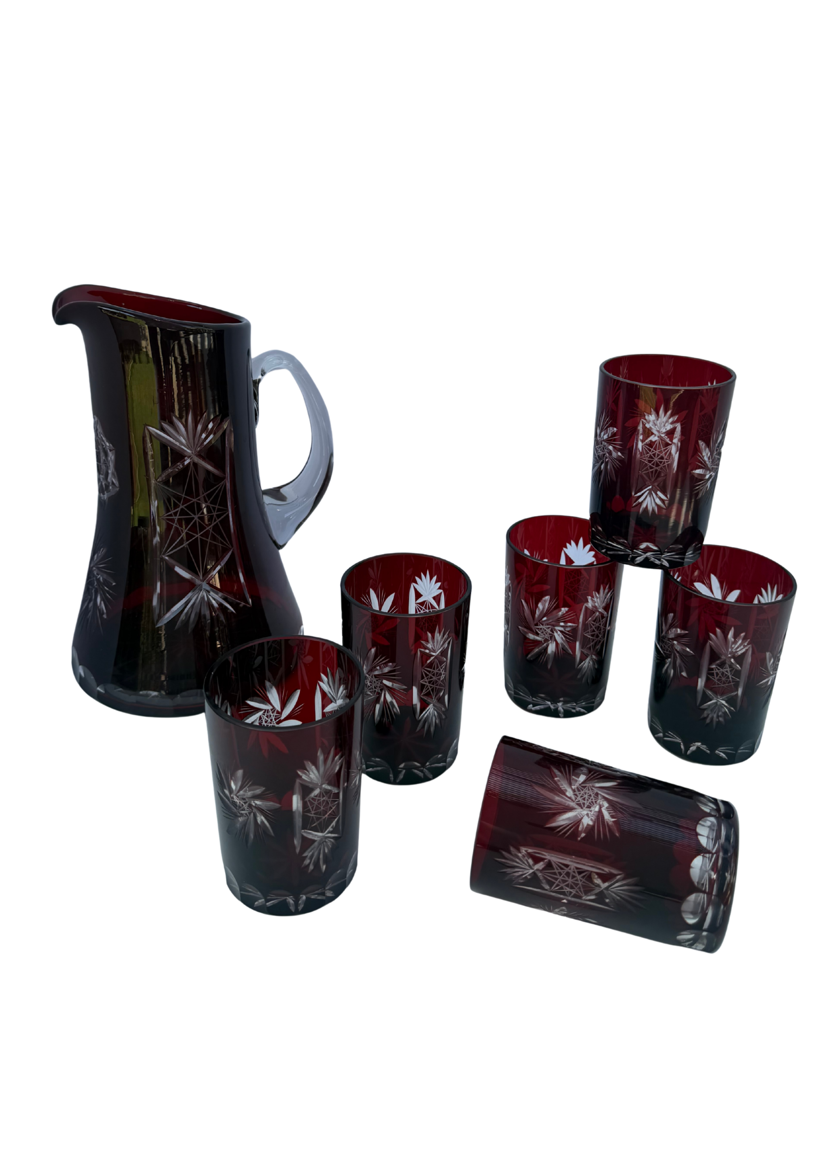 Bohemian Ruby Cut-to-Clear Crystal Pitcher & Tumbler Set — 7 Pieces, Circa 1890s–1920s