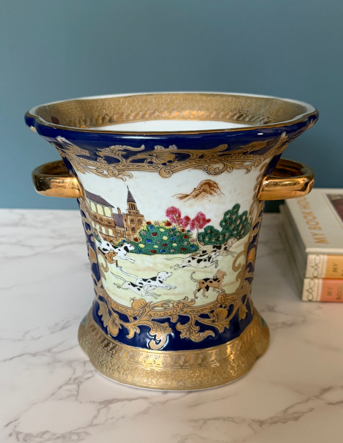 Antique English Hunt Scene Jardinière Cachepot | Cobalt Blue Transferware Planter | Staffordshire Style | Equestrian
