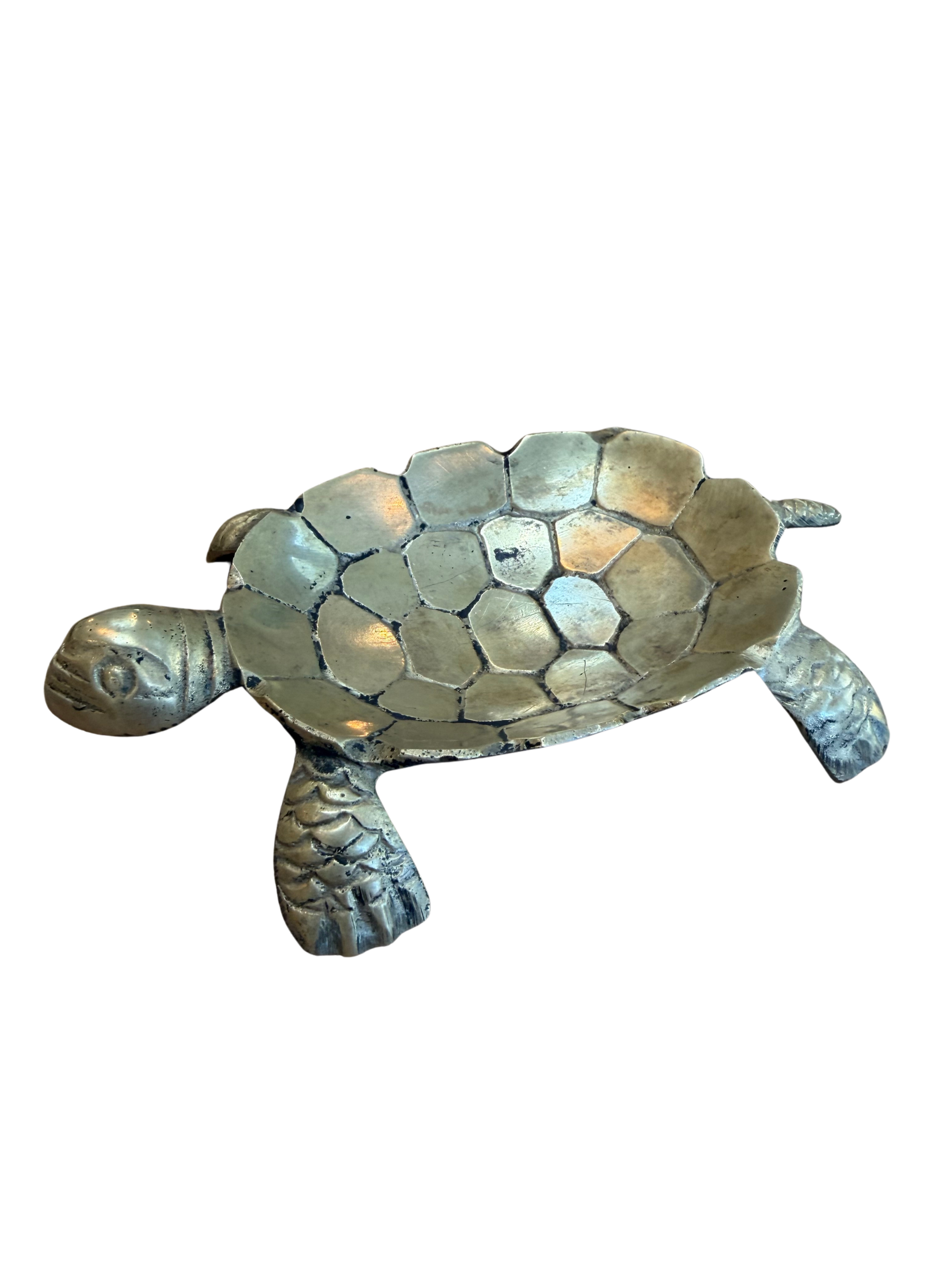 Vintage Solid Brass Turtle Catchall Dish — Sculptural Trinket Tray / Coastal Library Decor