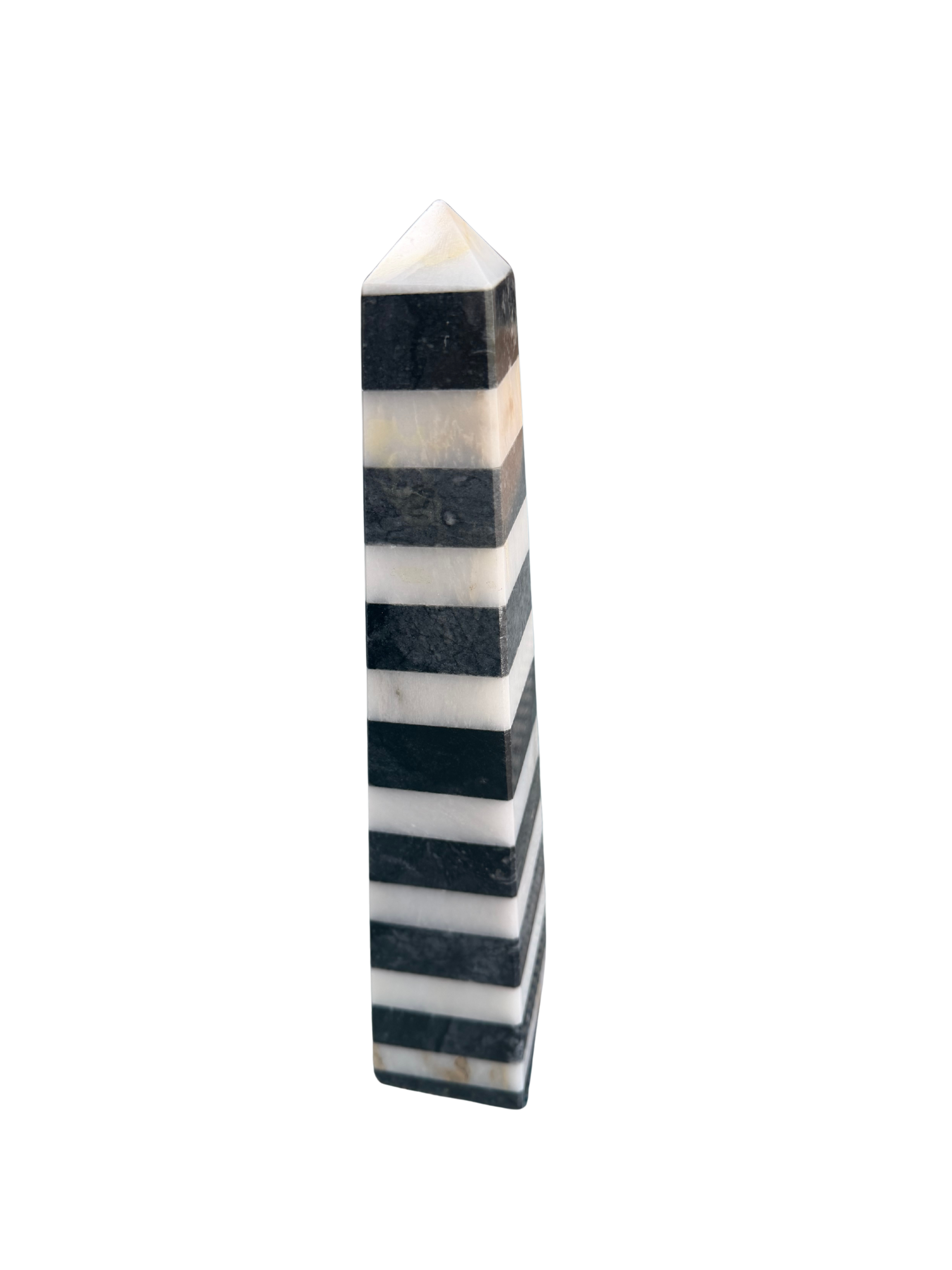 Banded Marble Obelisk Sculpture — Black & White Stone, 14” | Architectural Object