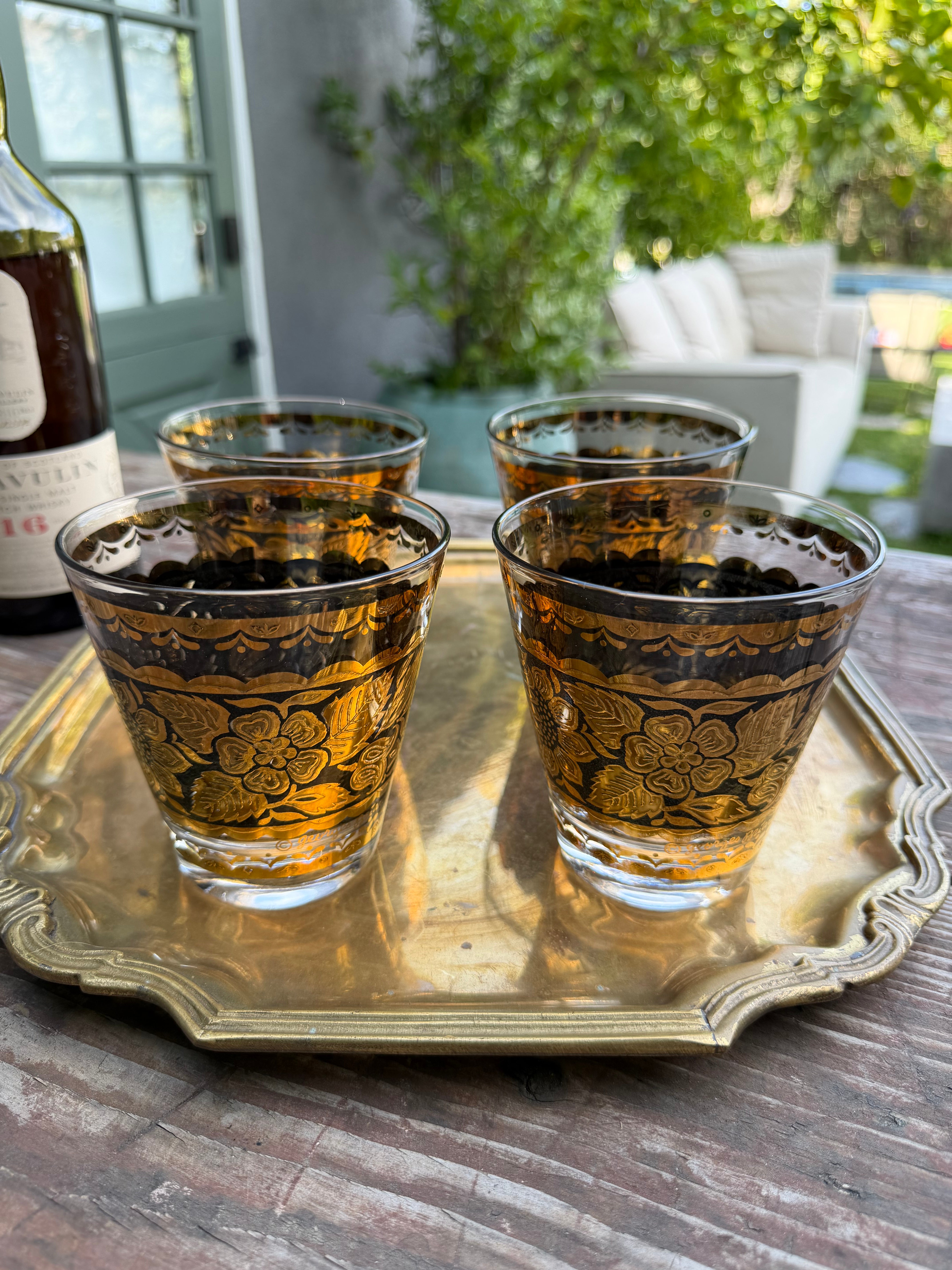 Set of Four Signed Georges Briard Rocks Glasses — Black & 22K Gold Floral, c. 1960s