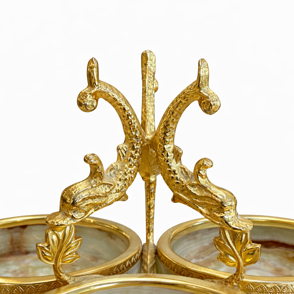 French-Style Ormolu & Onyx Triple Salt Cellar with Dragon Handle