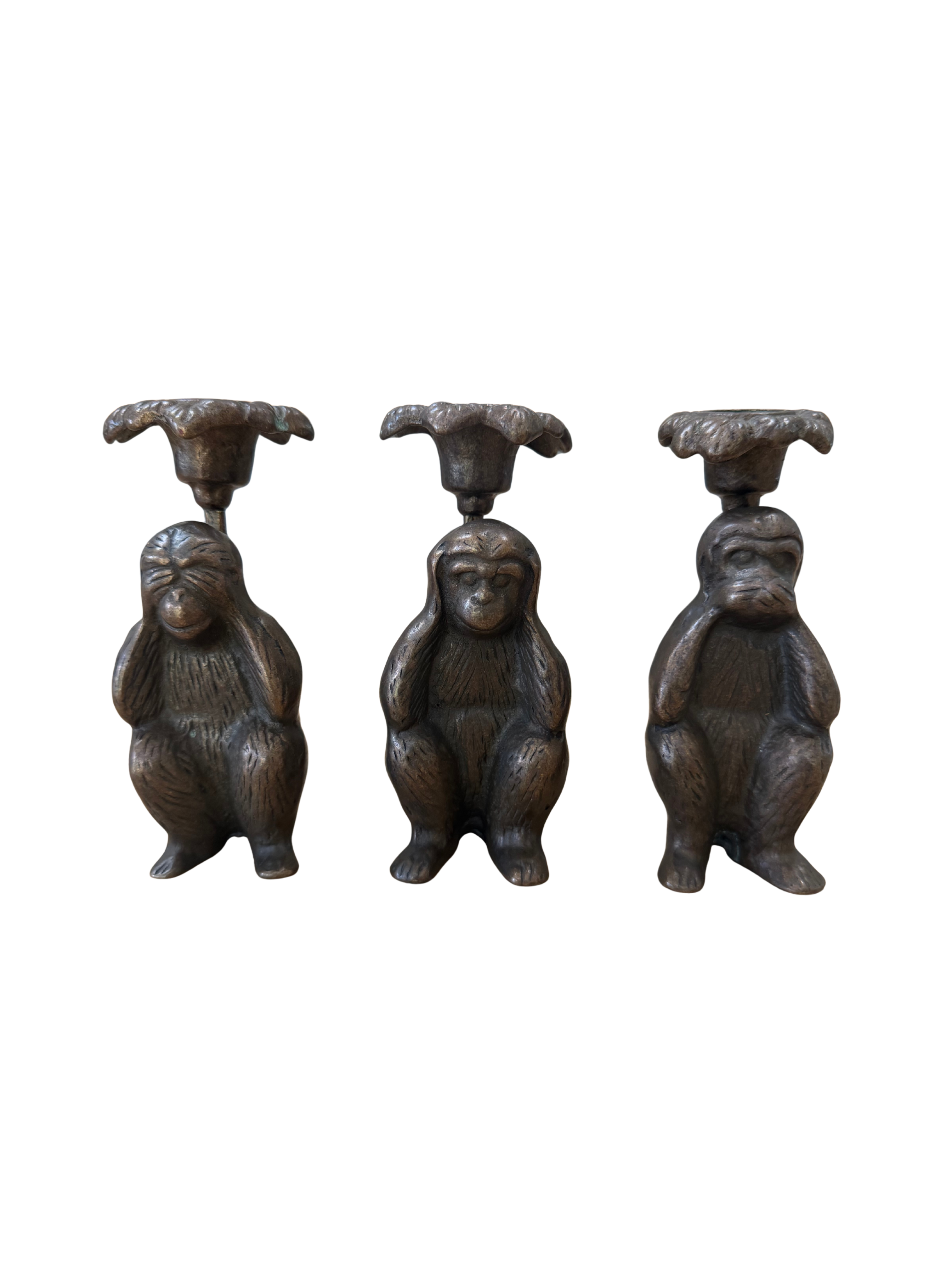 Vintage Brass Three Wise Monkeys Candlestick Holders – See Hear Speak No Evil – Mid Century India Set of 3