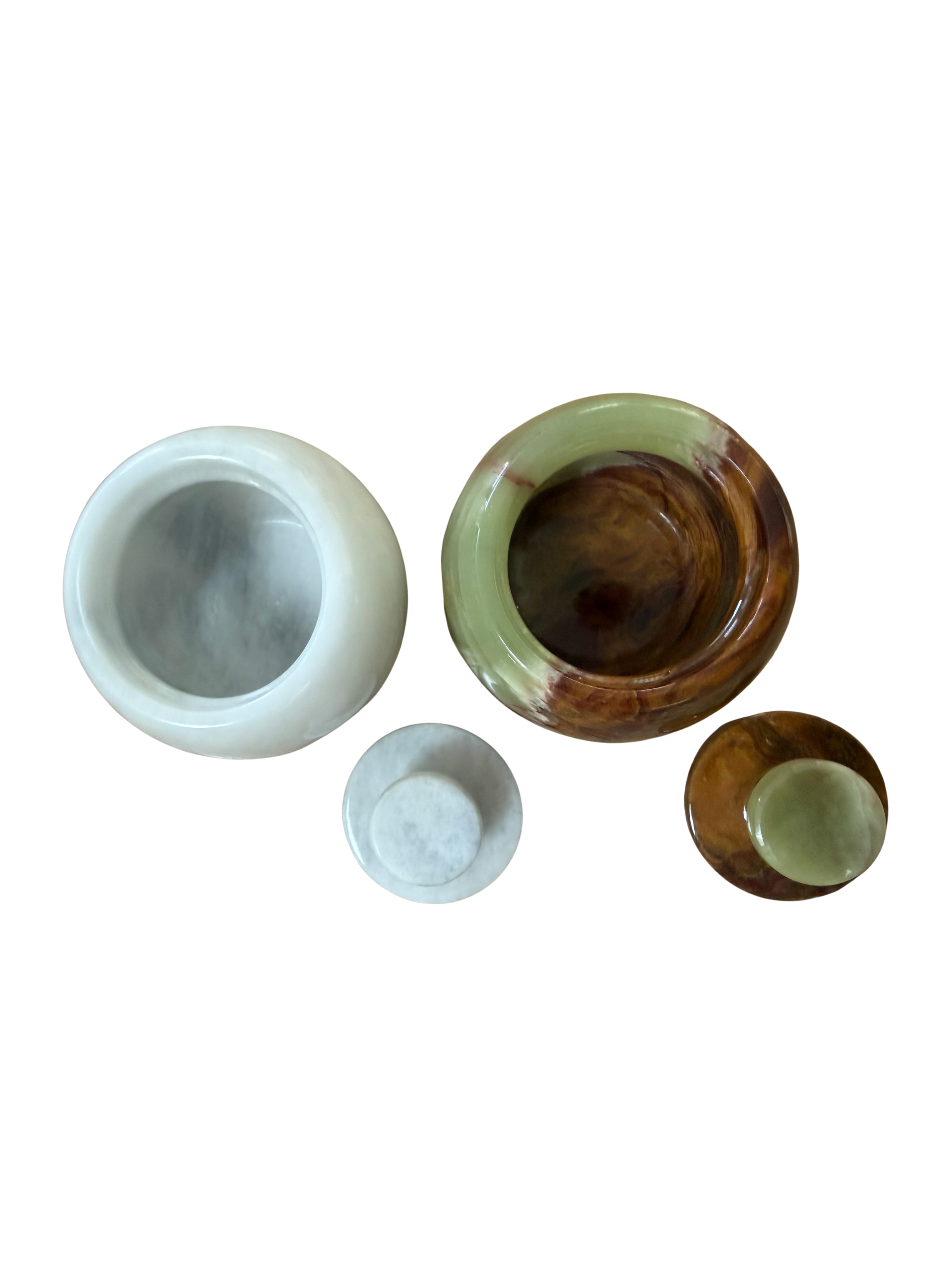 Vintage Marble & Onyx Lidded Stone Containers – Pair | Sculptural Catchall Bowls