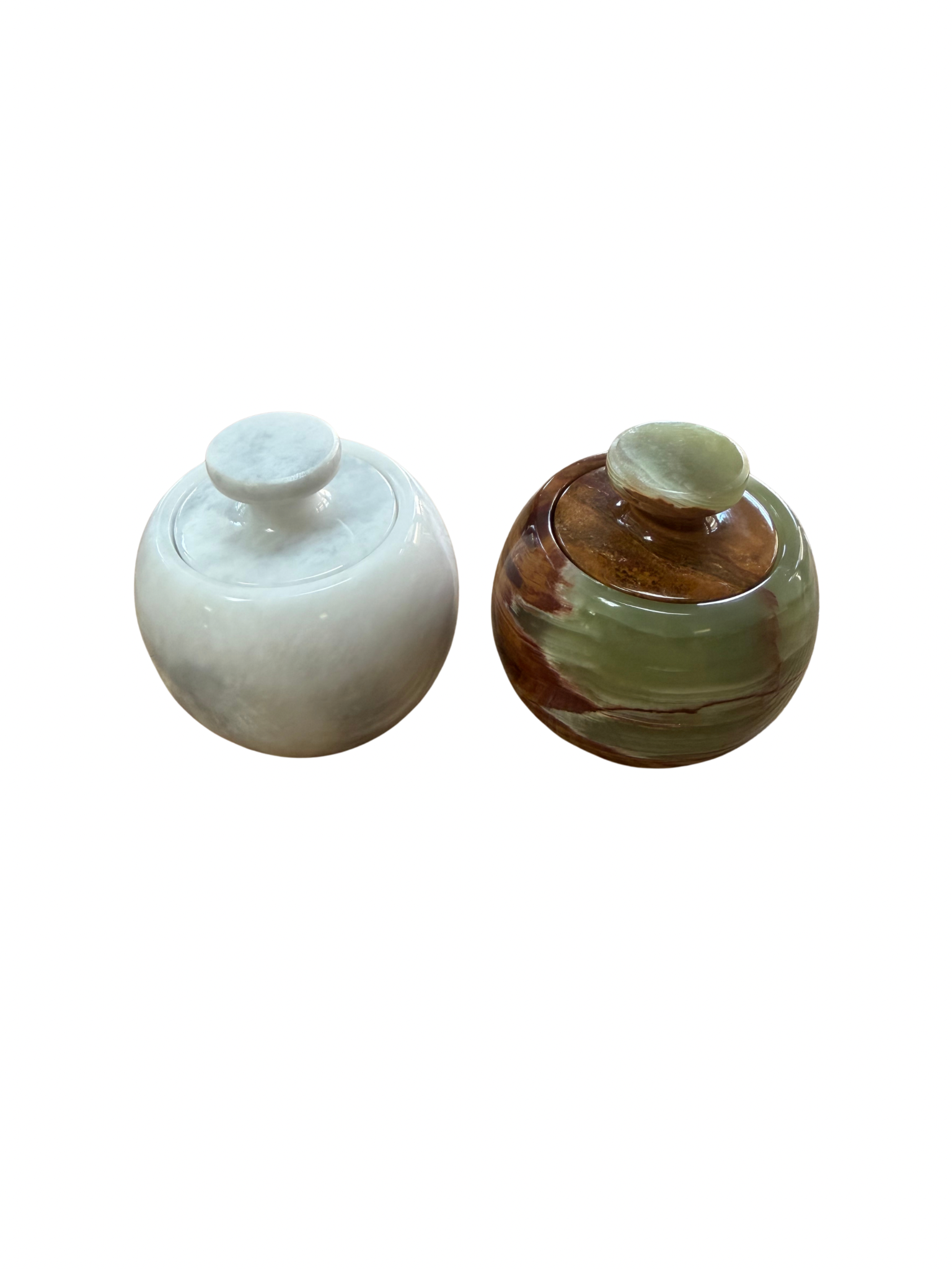 Vintage Marble & Onyx Lidded Stone Containers – Pair | Sculptural Catchall Bowls