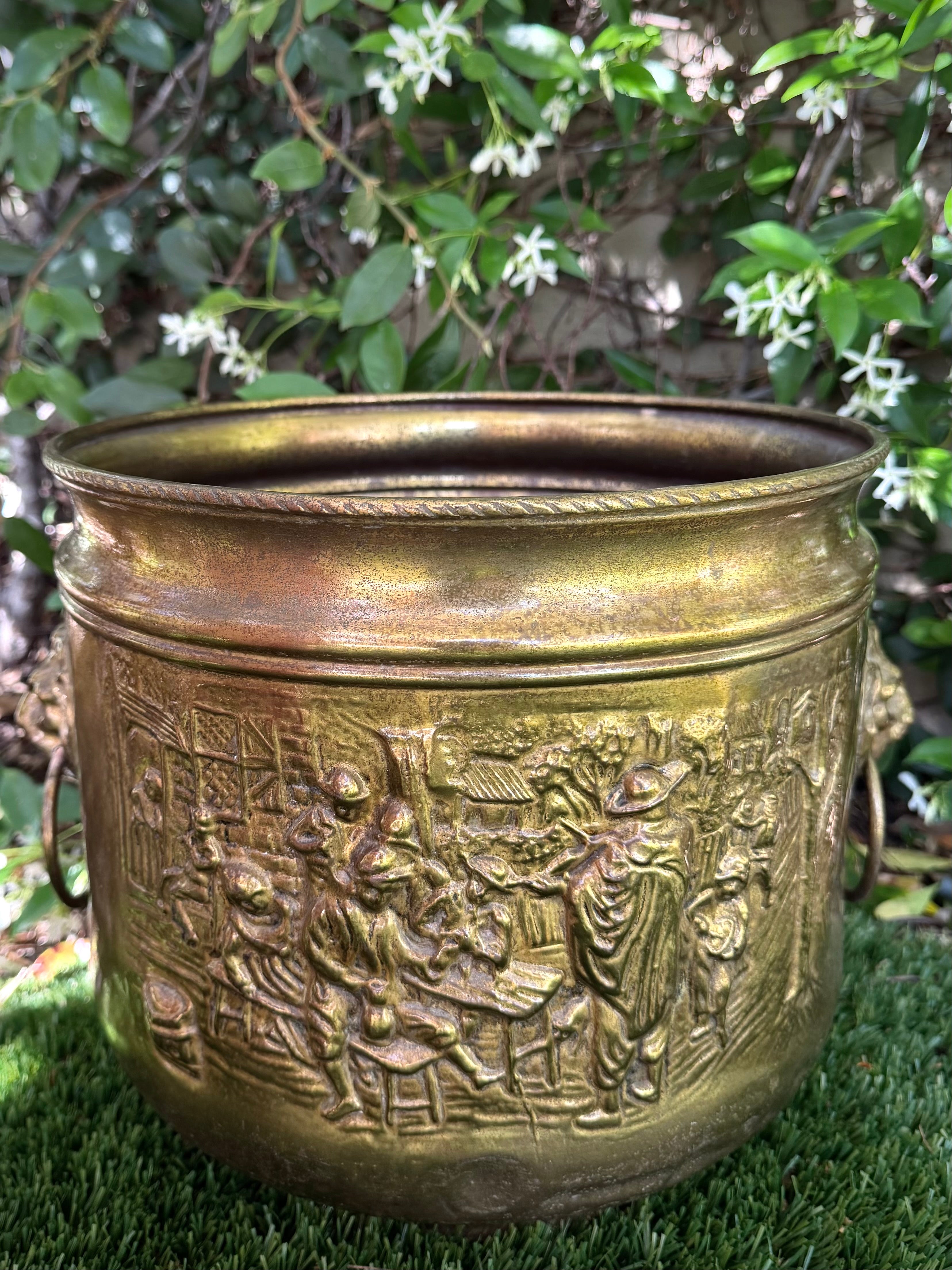 Vintage Peerage England Brass Jardinière Planter | Lion Head Handles | Repoussé Tavern Scene | Large Brass Planter