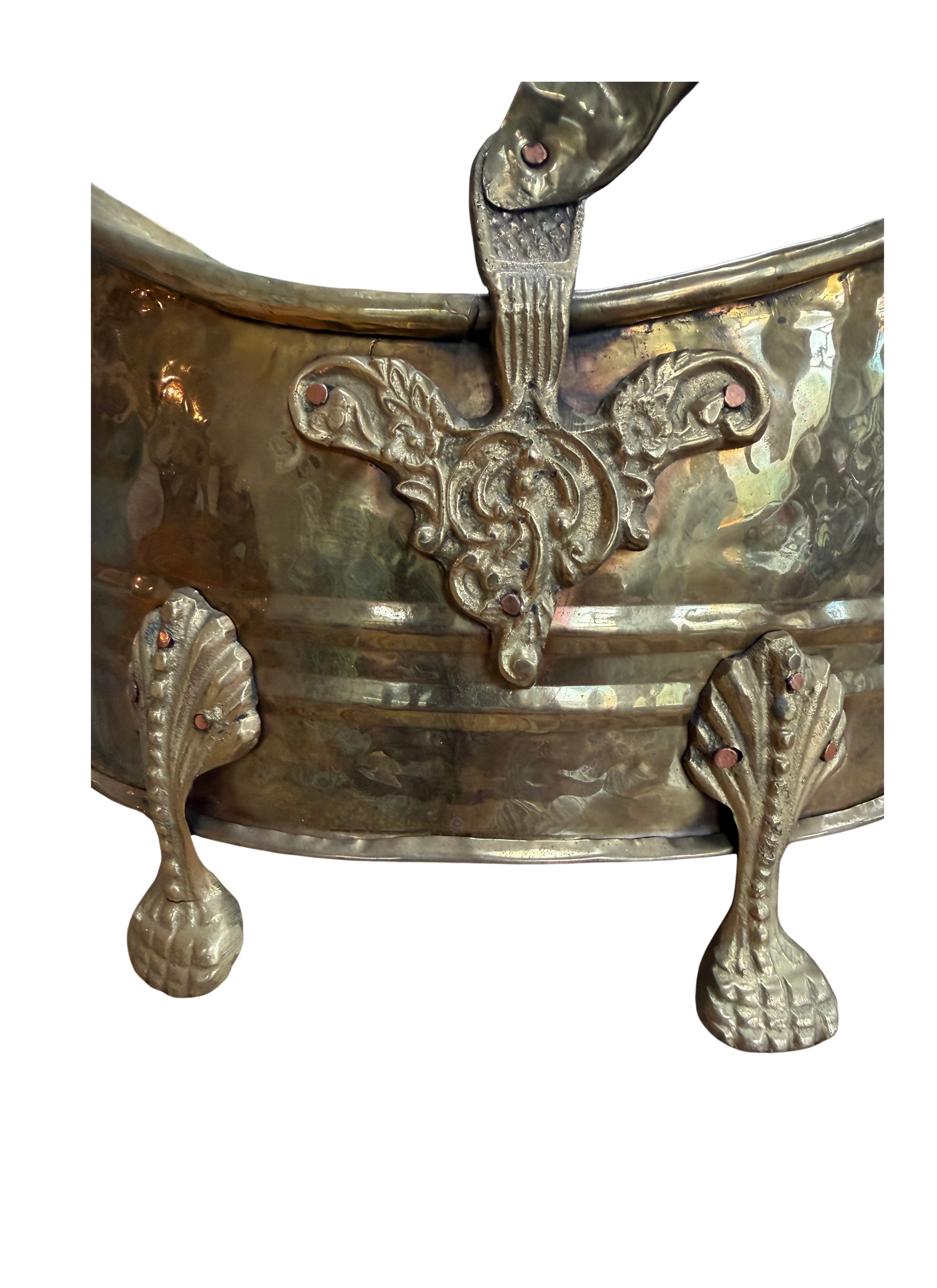 Antique Hammered Brass Coal Bucket Jardinière | Rococo Claw Feet | Planter | Champagne Chiller