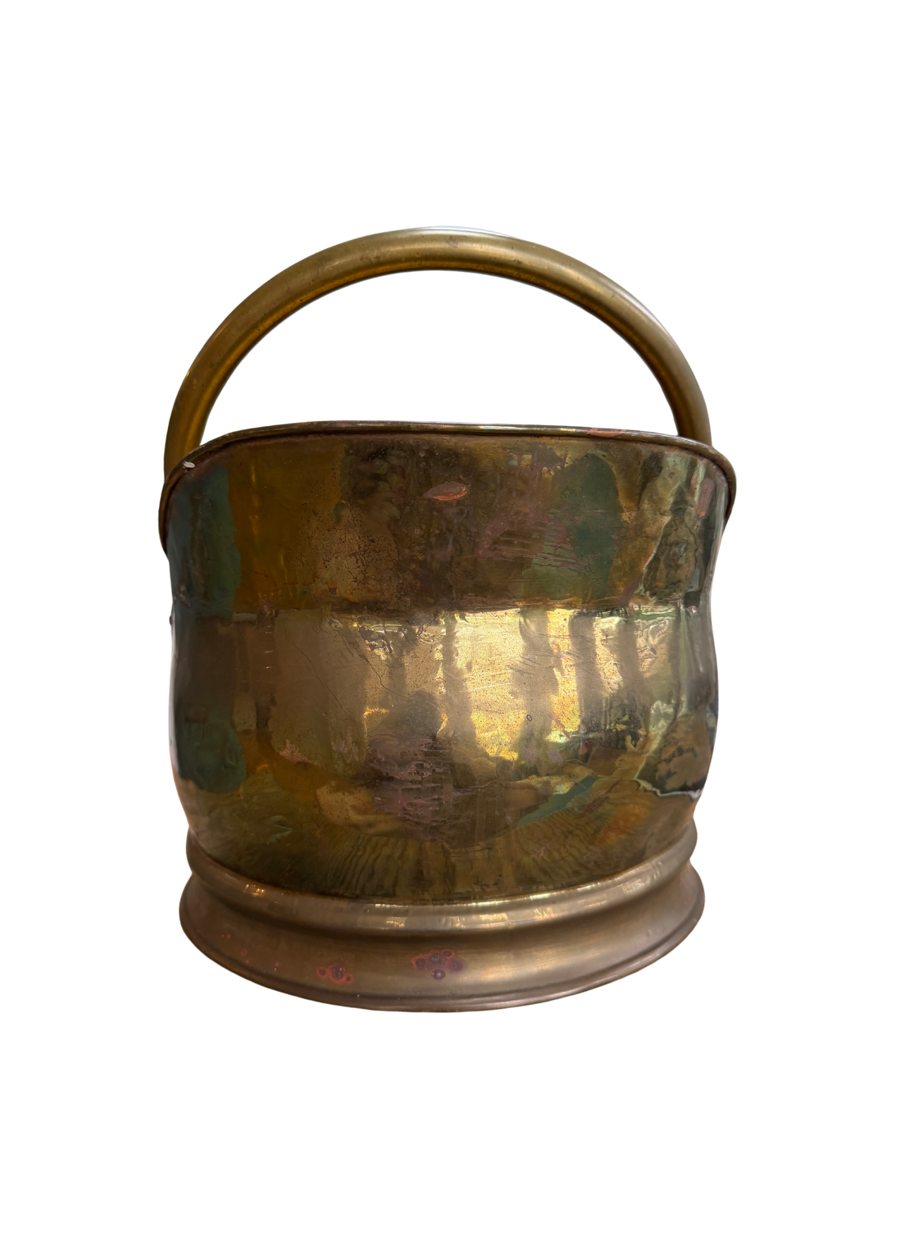 Antique English Brass Coal Scuttle | Helmet Form Wine Cooler | Aged Dark Patina | 19th Century Planter