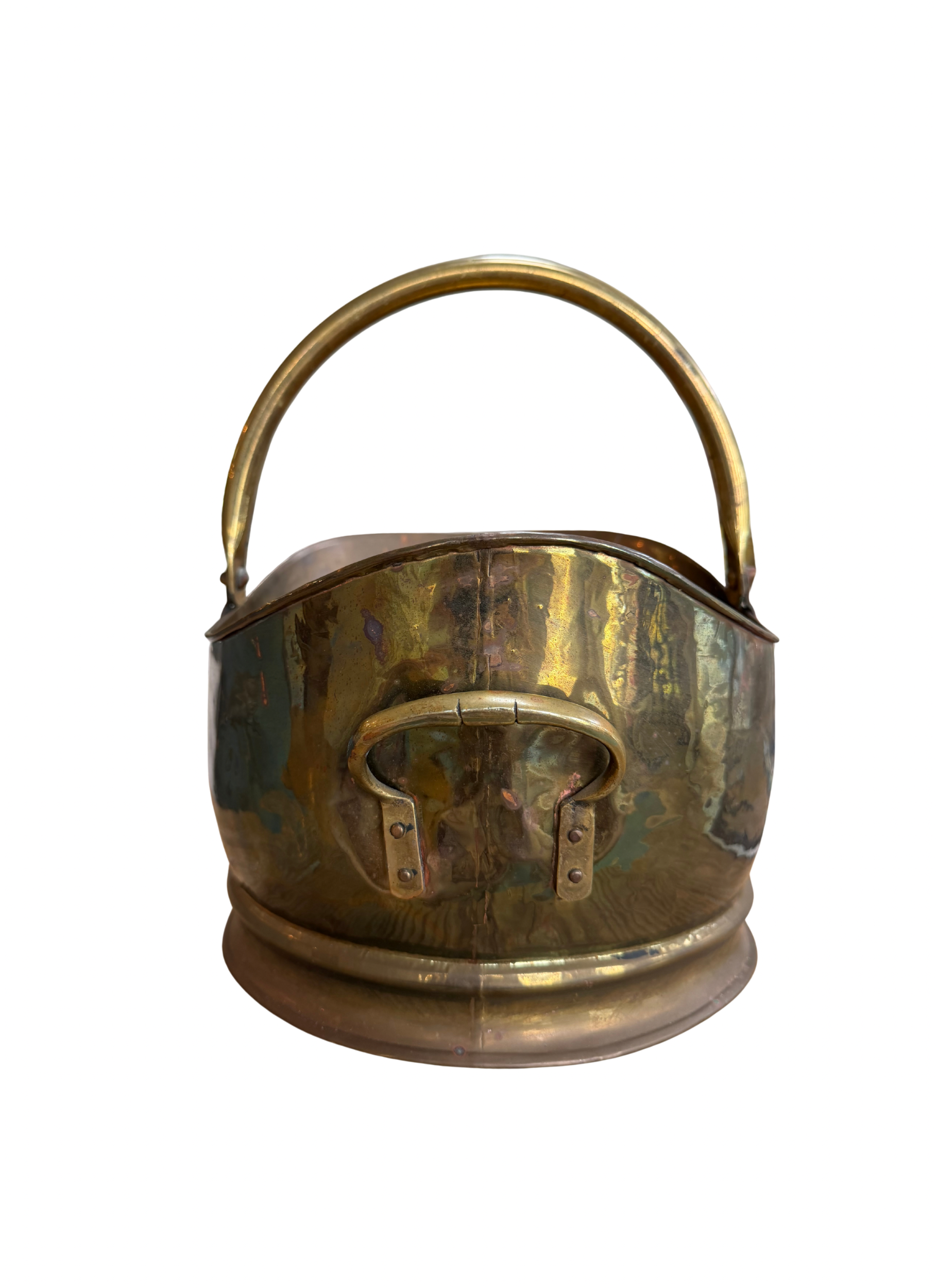 Antique English Brass Coal Scuttle | Helmet Form Wine Cooler | Aged Dark Patina | 19th Century Planter