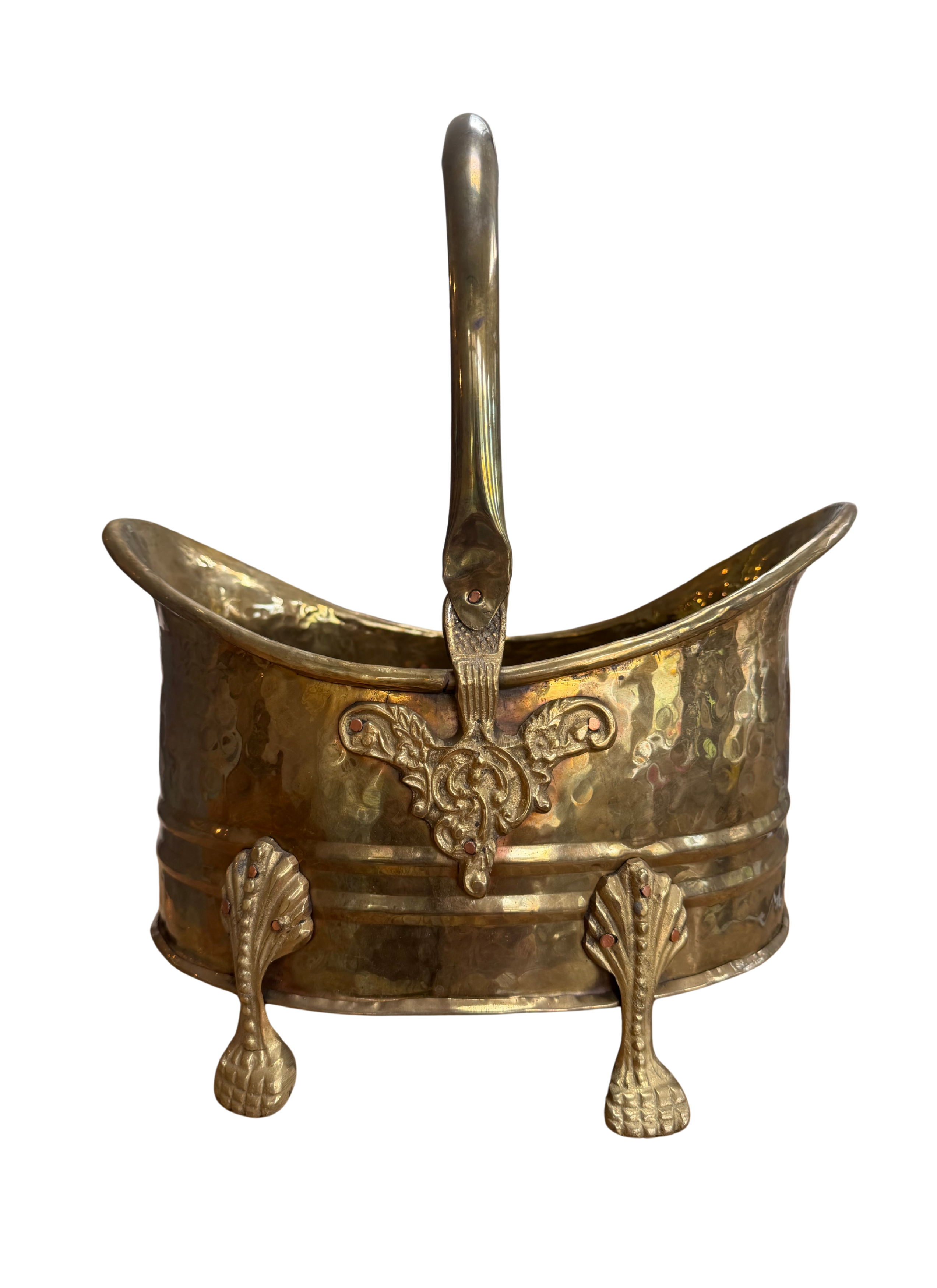 Antique Hammered Brass Coal Bucket Jardinière | Rococo Claw Feet | Planter | Champagne Chiller