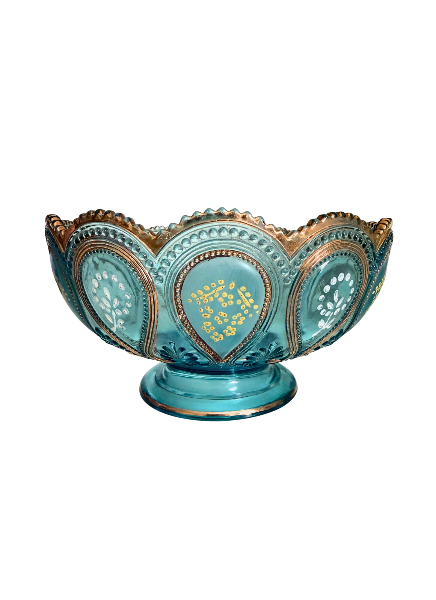 Edwardian Opalescent Footed Coupe with Three Petite Bowls, Hand-Gilded, c. 1905