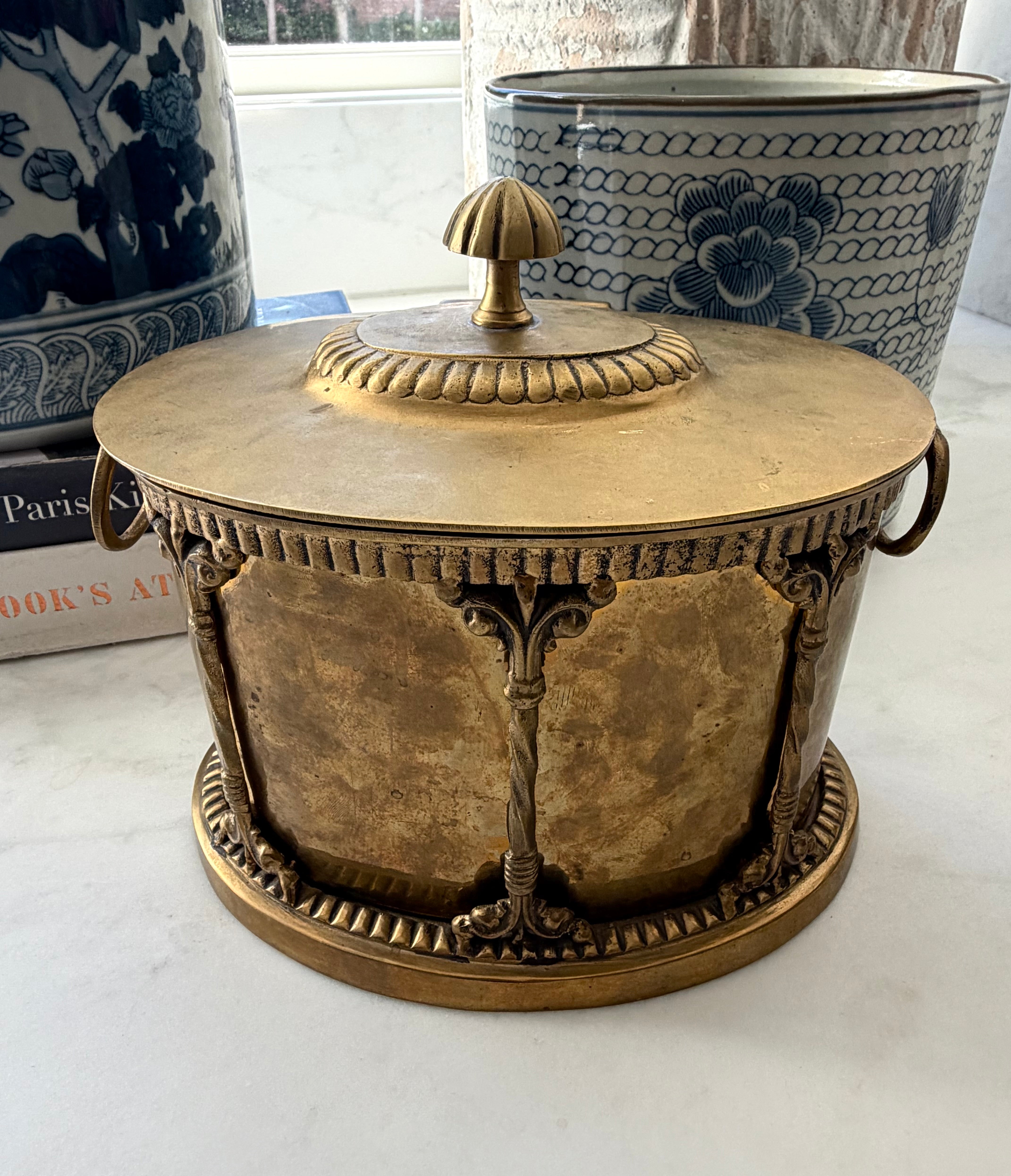 Vintage Solid Brass Biscuit Barrel | Hinged Lid Gadrooned Canister Classical Column Detail