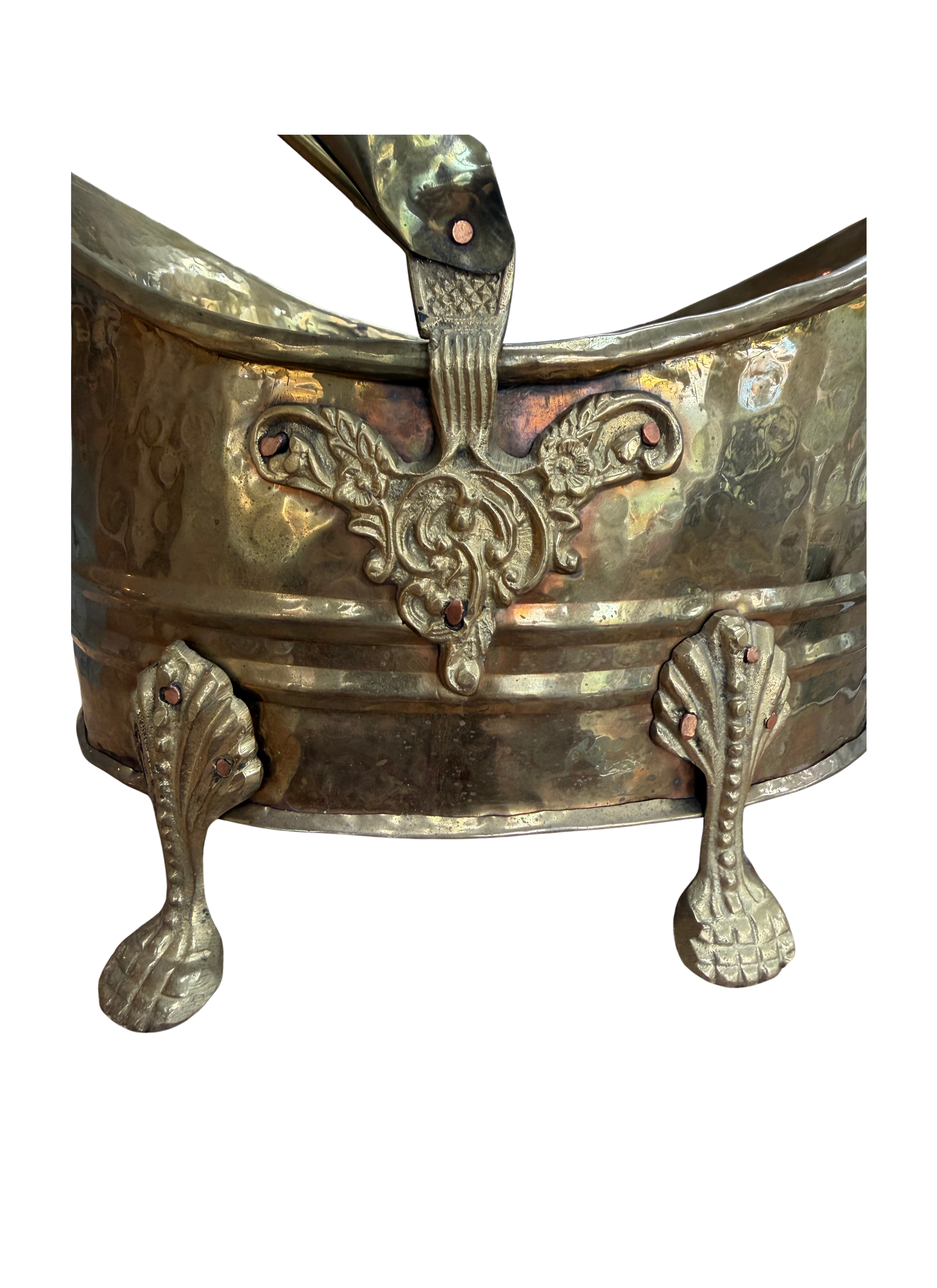 Antique Hammered Brass Coal Bucket Jardinière | Rococo Claw Feet | Planter | Champagne Chiller